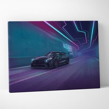 Mercedes AMG GTR Inspired Neon Vaporwave Circuit Canvas - Vaporwave Car Neon, Dreamy Mood Neon Wall Art Canvas
