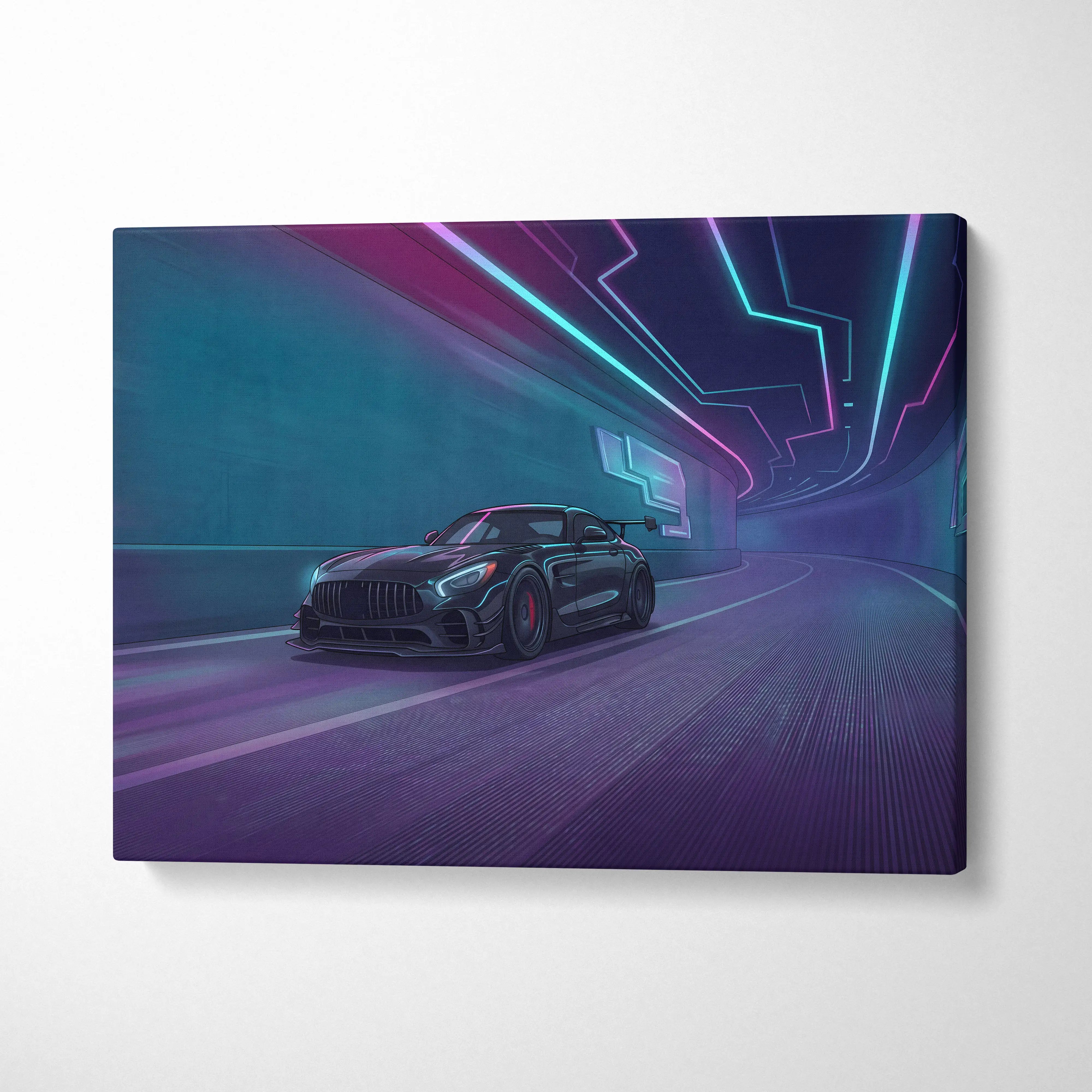 Mercedes AMG GTR Inspired Neon Vaporwave Circuit Canvas - Vaporwave Car Neon, Dreamy Mood Neon Wall Art Canvas