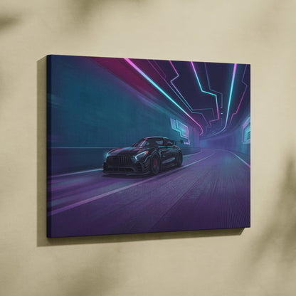 Mercedes AMG GTR Inspired Neon Vaporwave Circuit Canvas - Vaporwave Car Neon, Dreamy Mood Neon Wall Art Canvas