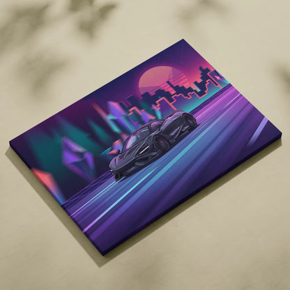 McLaren 765LT Inspired Vaporwave Neon City Canvas- Car Art Pink Teal Living Room- Nostalgic Mood, Cyberpunk Decor Canvas