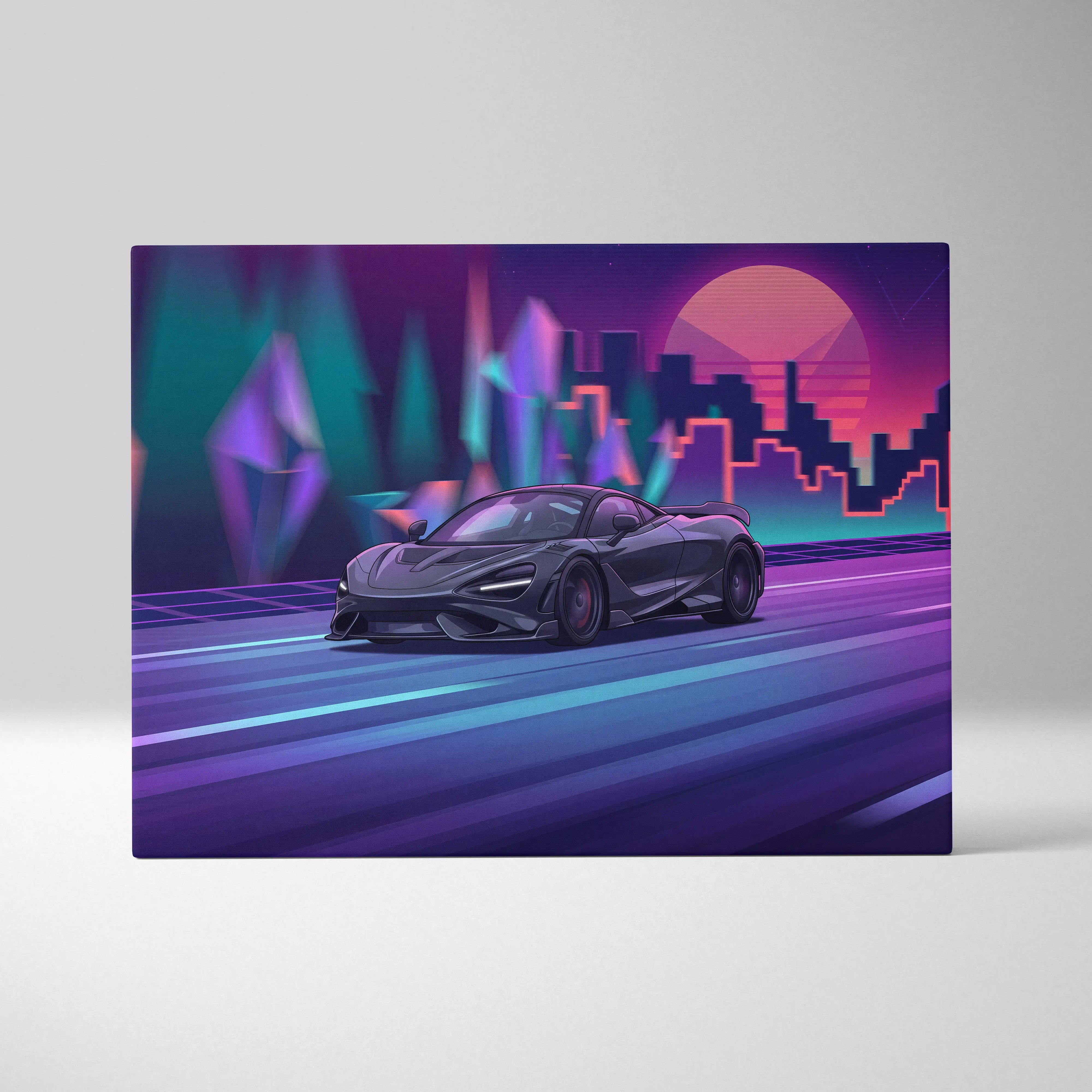 A sleek black mclaren 720s sports car in a vaporwave neon city canvas with pink and teal cyberpunk decor