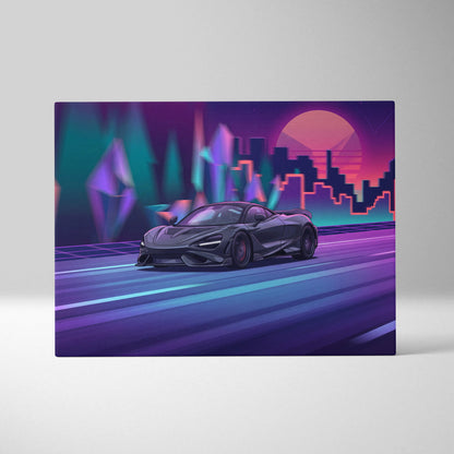 McLaren 765LT Inspired Vaporwave Neon City Canvas- Car Art Pink Teal Living Room- Nostalgic Mood, Cyberpunk Decor Canvas