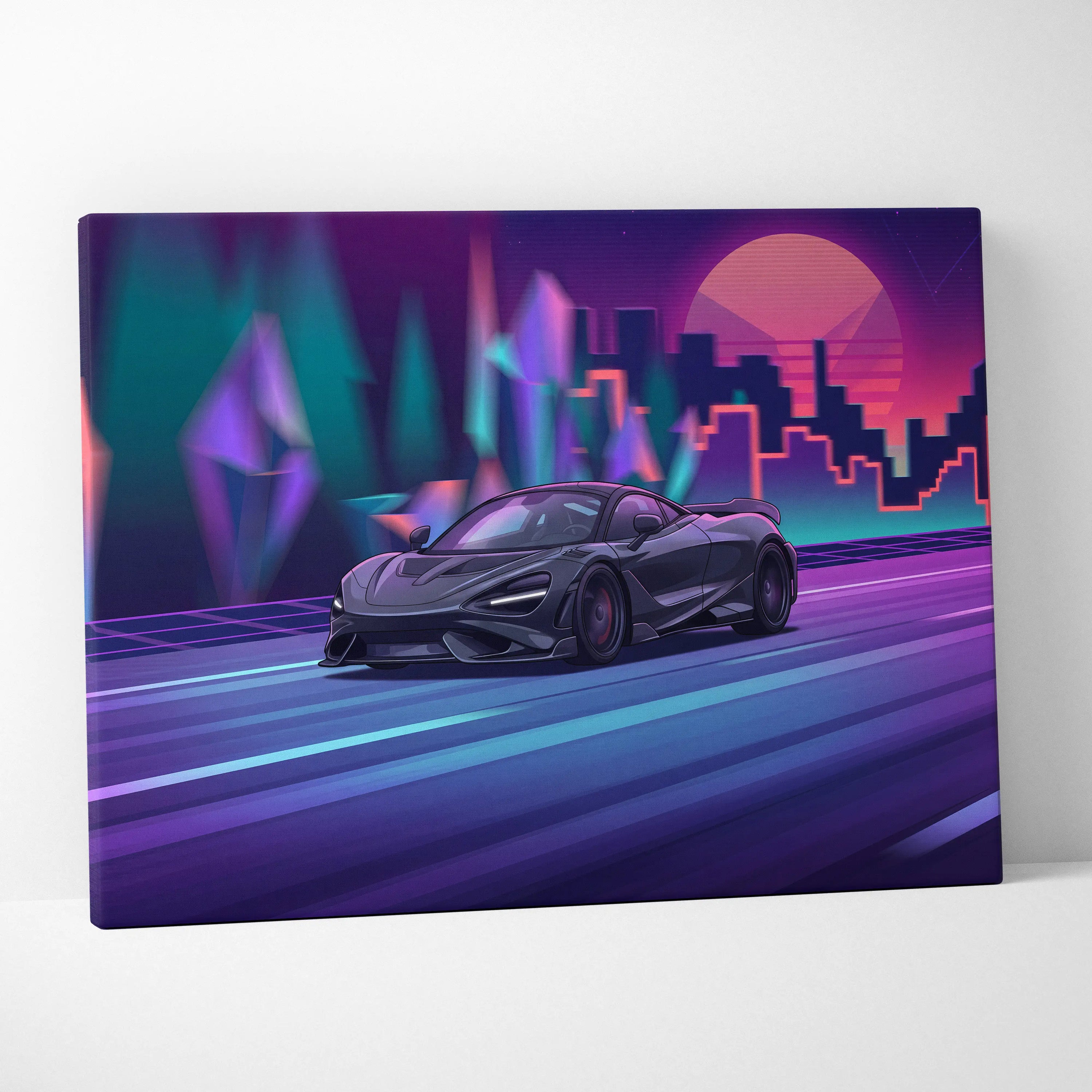 McLaren 765LT Inspired Vaporwave Neon City Canvas- Car Art Pink Teal Living Room- Nostalgic Mood, Cyberpunk Decor Canvas