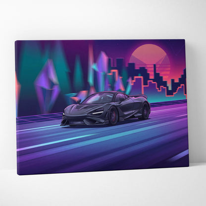 McLaren 765LT Inspired Vaporwave Neon City Canvas- Car Art Pink Teal Living Room- Nostalgic Mood, Cyberpunk Decor Canvas