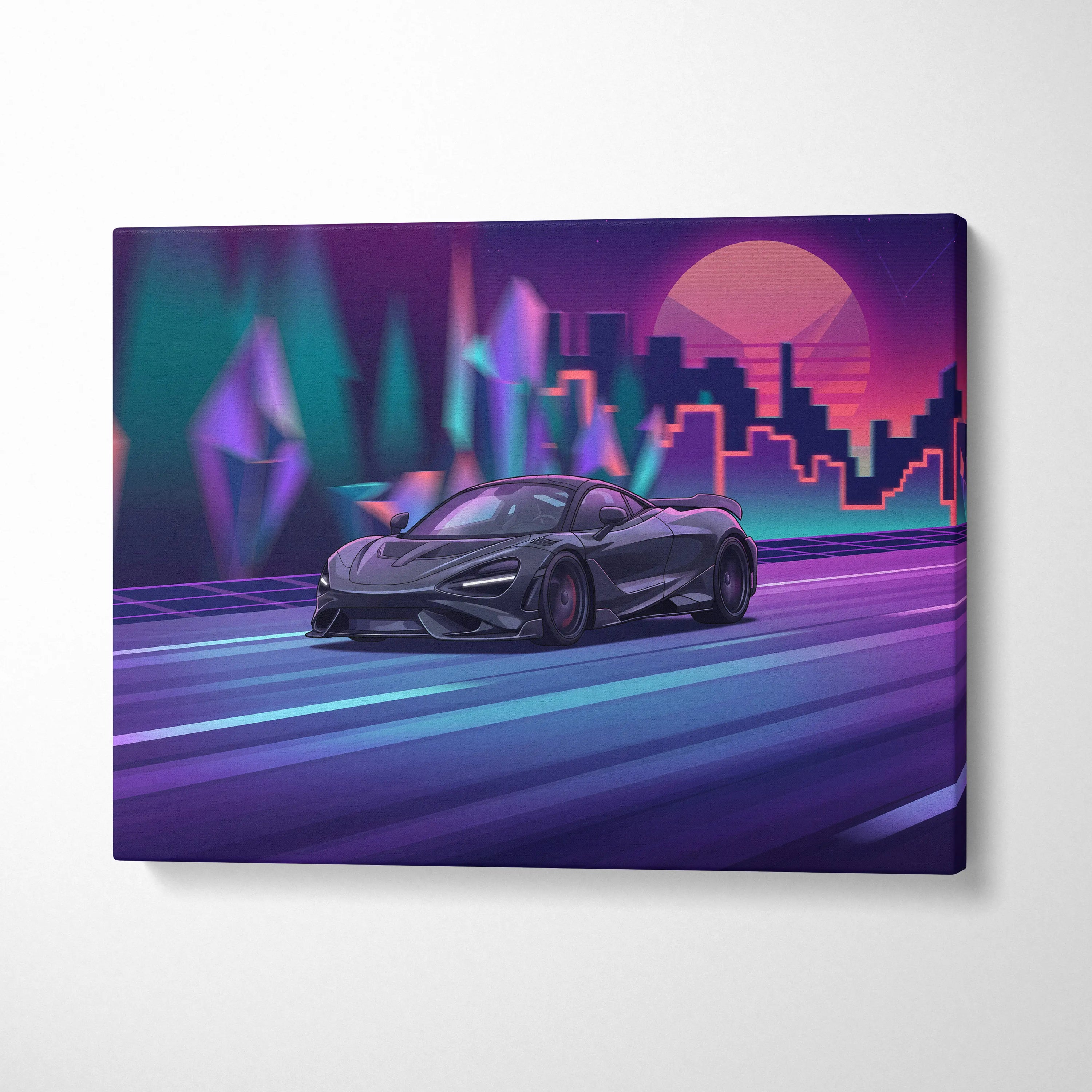 McLaren 765LT Inspired Vaporwave Neon City Canvas- Car Art Pink Teal Living Room- Nostalgic Mood, Cyberpunk Decor Canvas