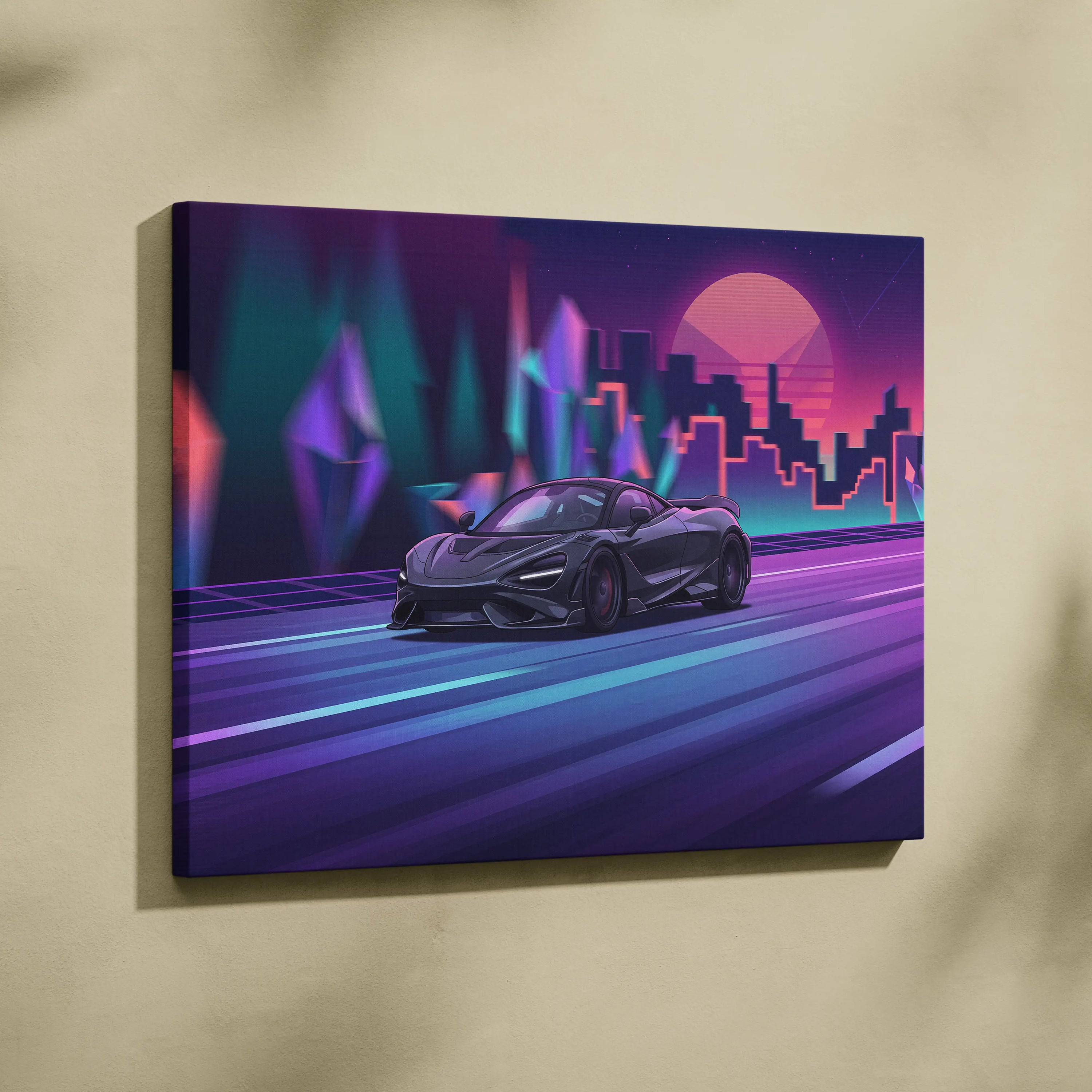 McLaren 765LT Inspired Vaporwave Neon City Canvas- Car Art Pink Teal Living Room- Nostalgic Mood, Cyberpunk Decor Canvas