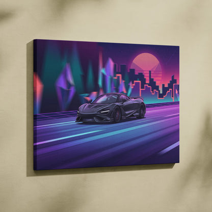 McLaren 765LT Inspired Vaporwave Neon City Canvas- Car Art Pink Teal Living Room- Nostalgic Mood, Cyberpunk Decor Canvas