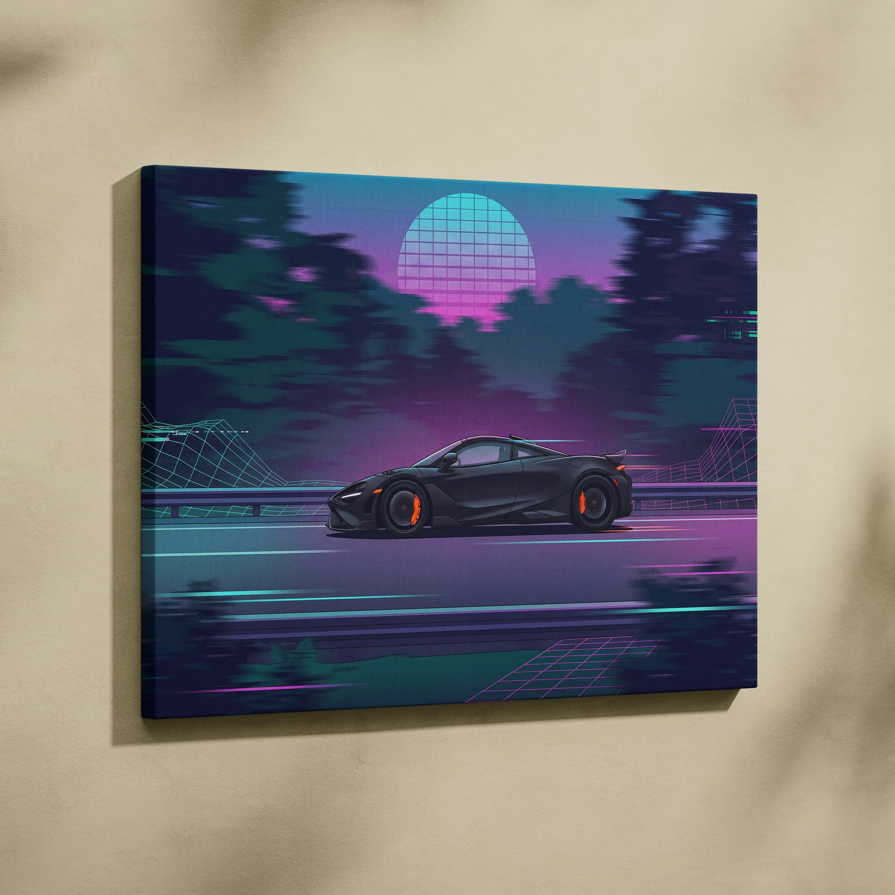 McLaren 765LT Neon Vaporwave Sunset Canvas - Vaporwave Car Art Neon Pink Teal Nostalgic Mood Synthwave Decor