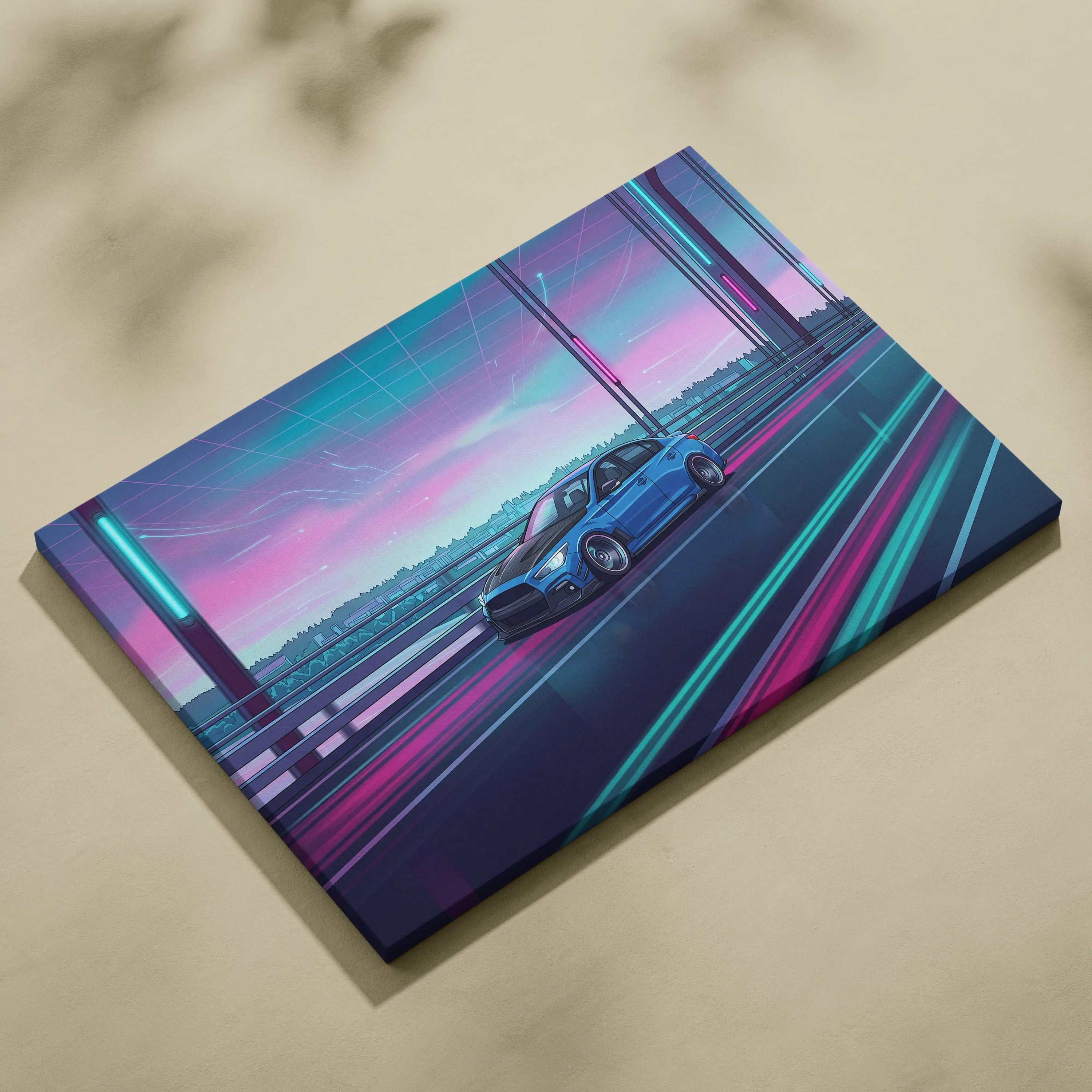 Infiniti Q50 Inspired Neon Vaporwave Canvas Art - Vaporwave Car Art Neon Pink Blue Living Room Decor Retro Neon