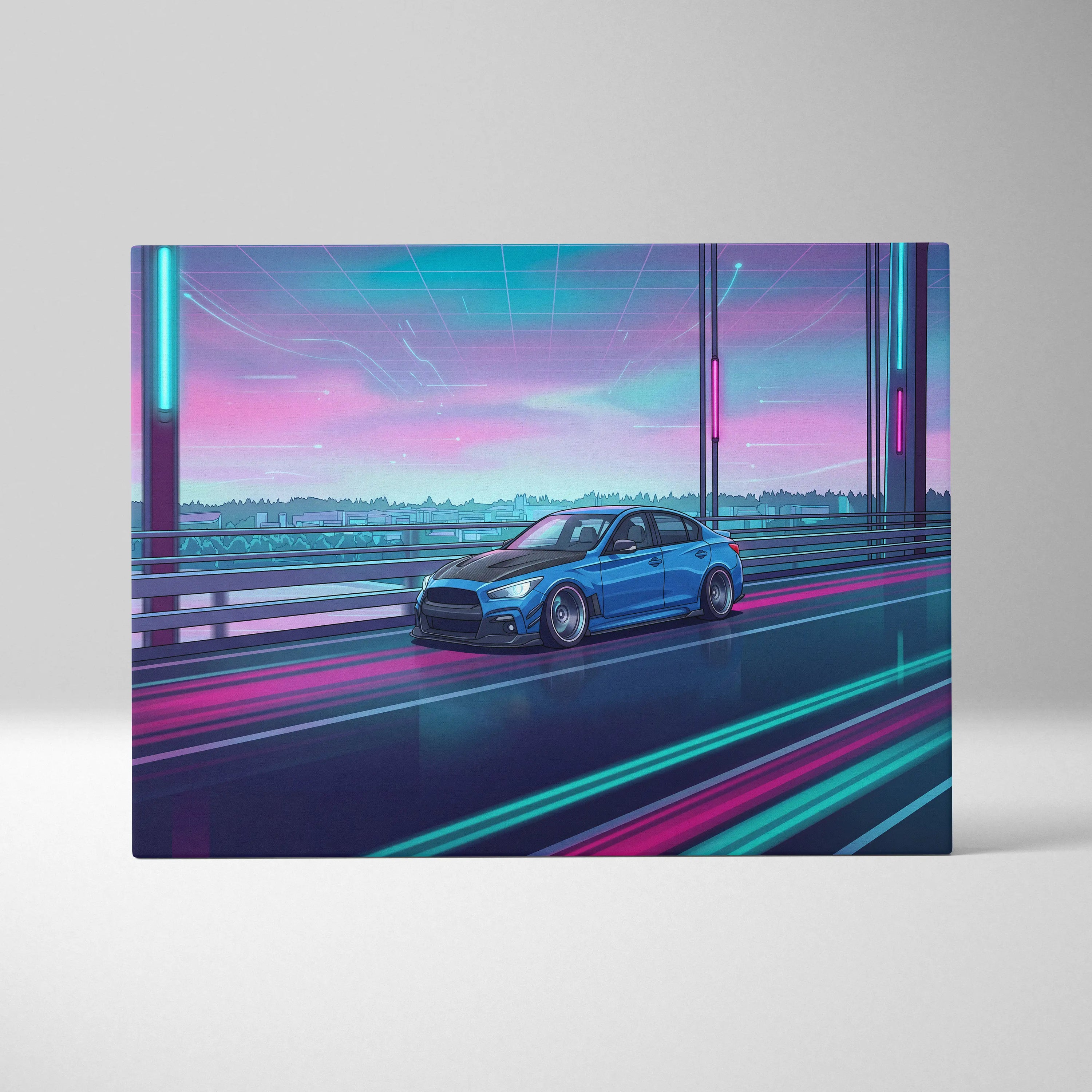 Infiniti Q50 Inspired Neon Vaporwave Canvas Art - Vaporwave Car Art Neon Pink Blue Living Room Decor Retro Neon