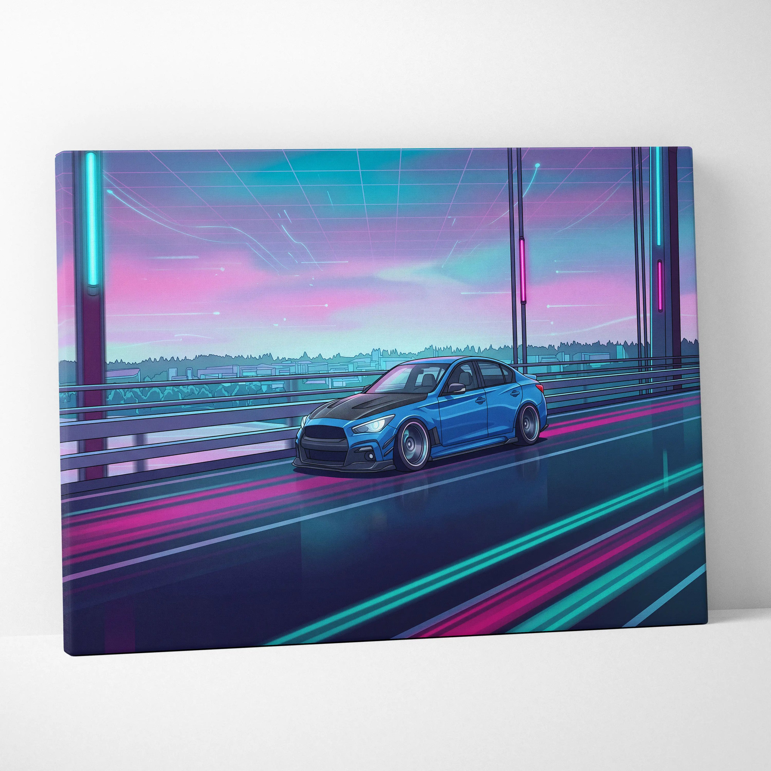 Infiniti Q50 Inspired Neon Vaporwave Canvas Art - Vaporwave Car Art Neon Pink Blue Living Room Decor Retro Neon