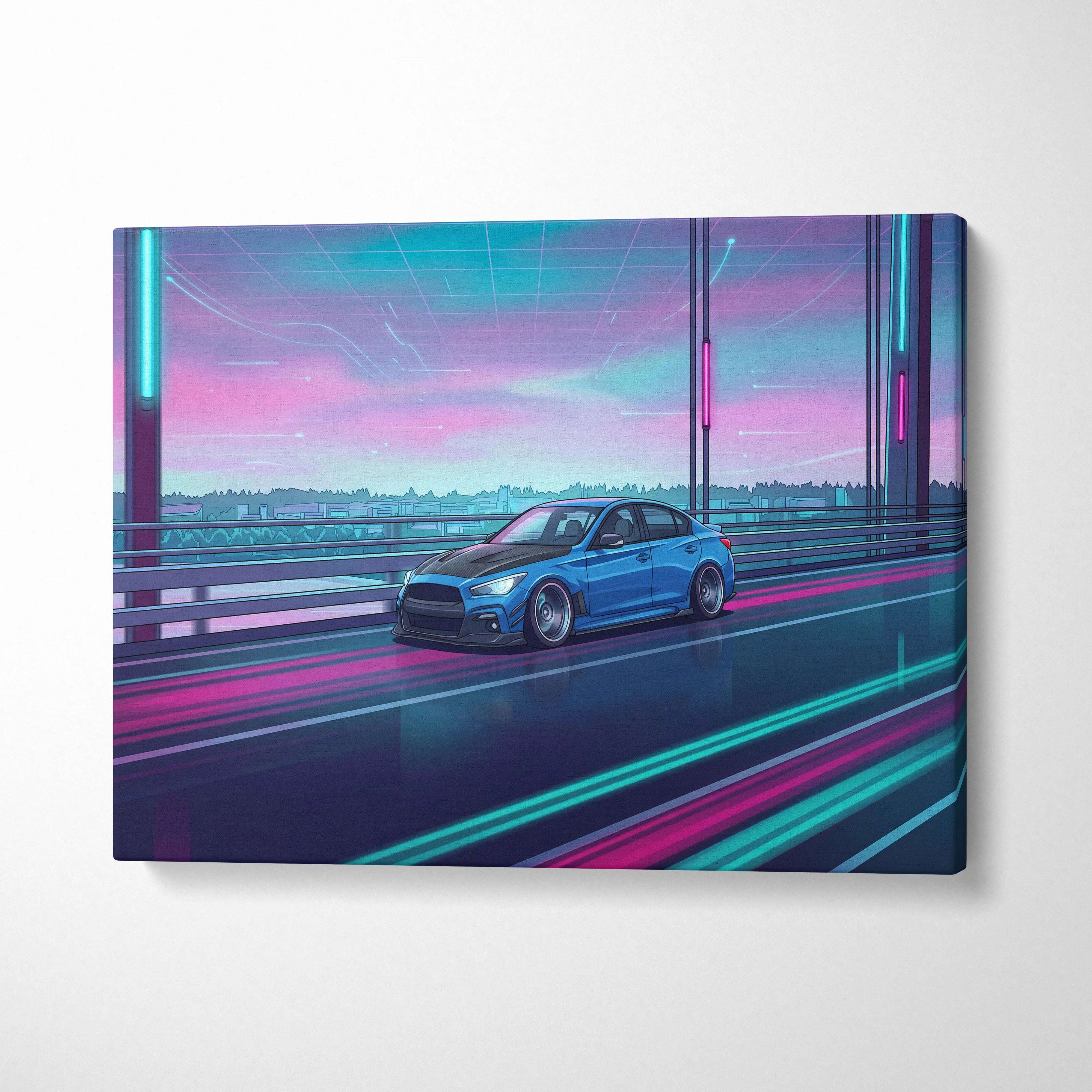 Infiniti q50 inspired neon vaporwave canvas art featuring nissan skyline r35 sedan with neon blue and pink cityscape