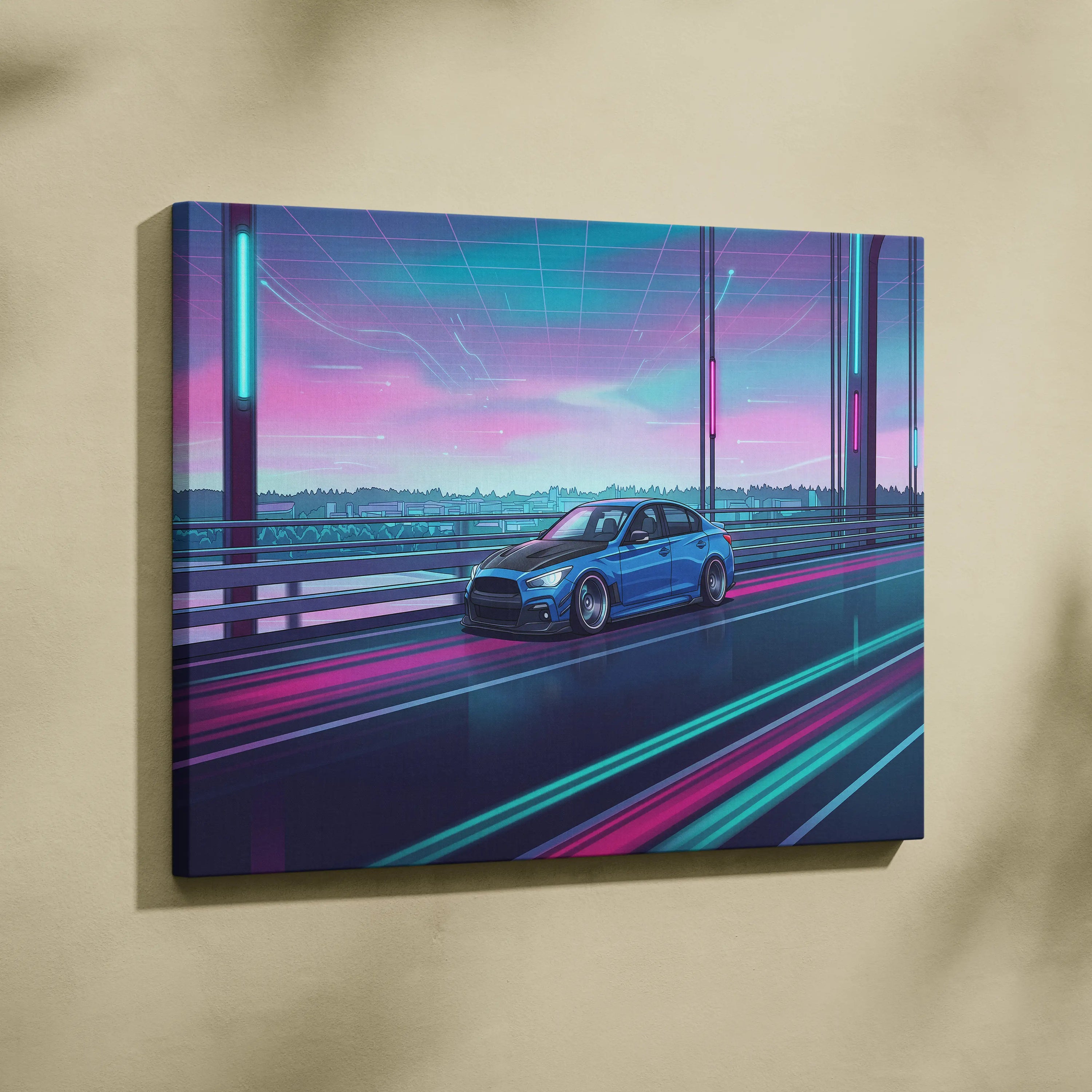 Infiniti Q50 Inspired Neon Vaporwave Canvas Art - Vaporwave Car Art Neon Pink Blue Living Room Decor Retro Neon