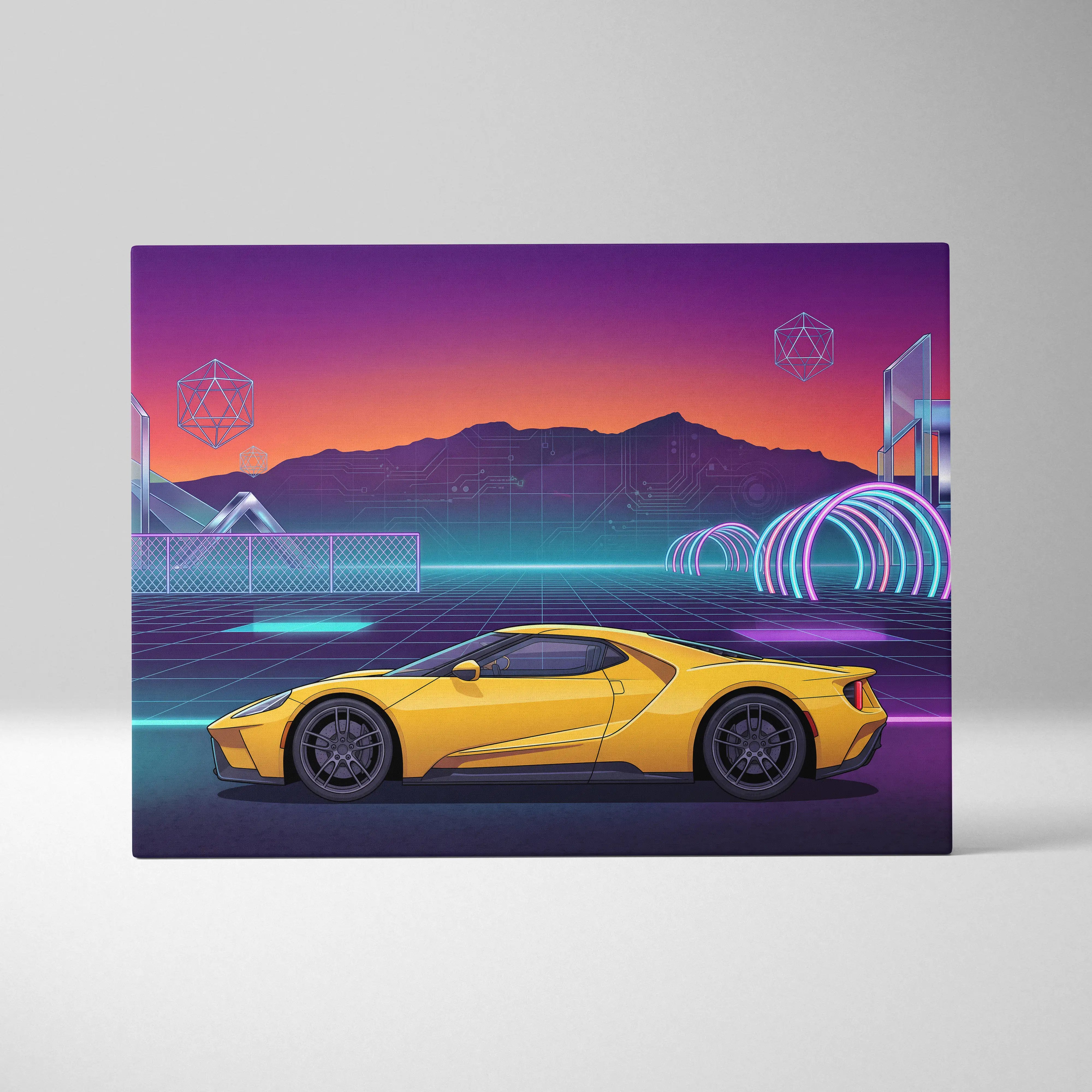Ford GT Inspired Canvas Wall Art - Vaporwave American Le Mans Supercar Decor with Retro Racing Energy
