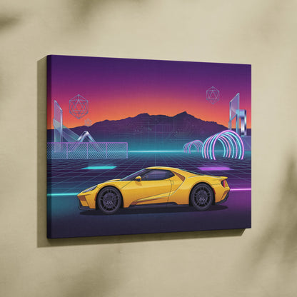 Ford GT Inspired Canvas Wall Art - Vaporwave American Le Mans Supercar Decor with Retro Racing Energy