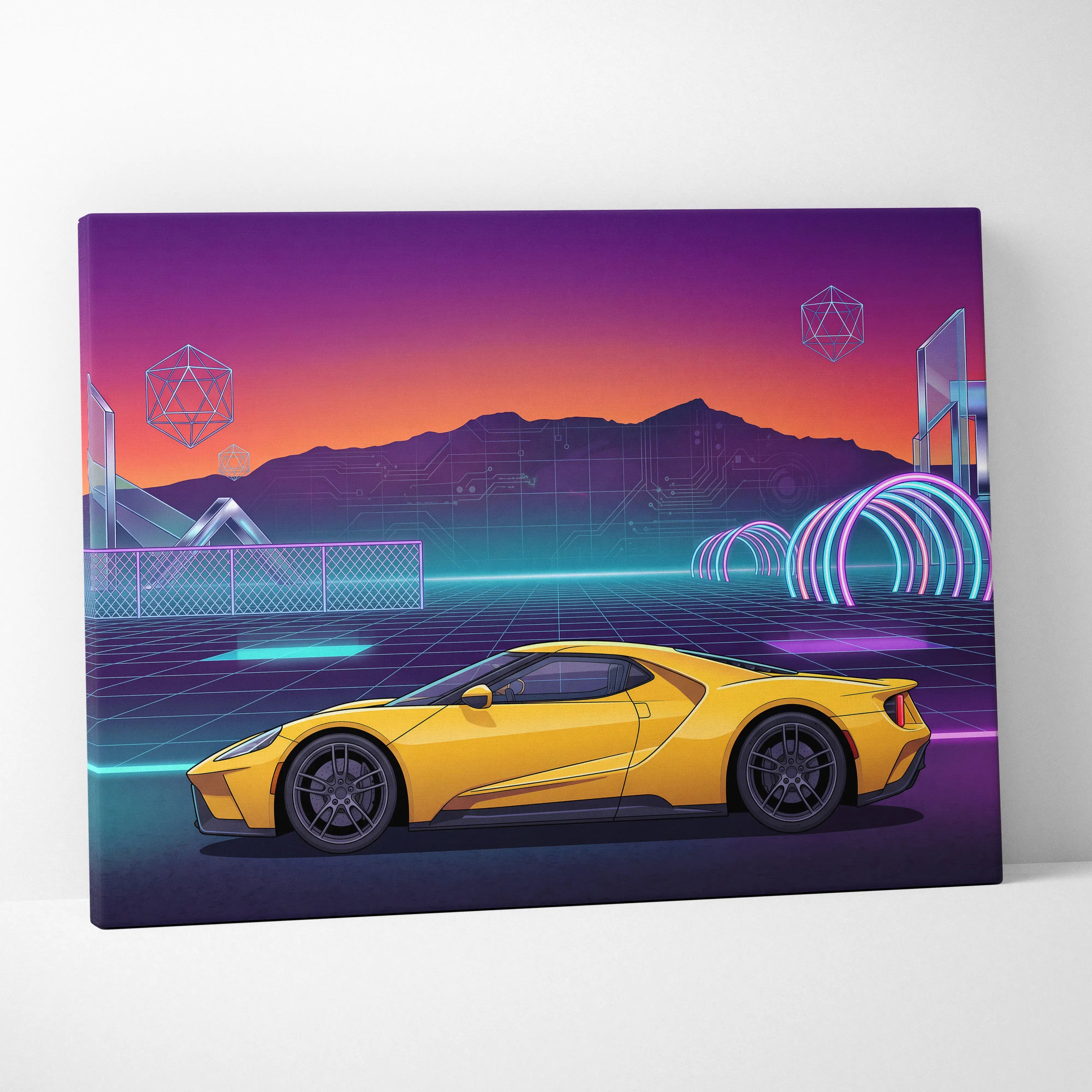 Ford GT Inspired Canvas Wall Art - Vaporwave American Le Mans Supercar Decor with Retro Racing Energy