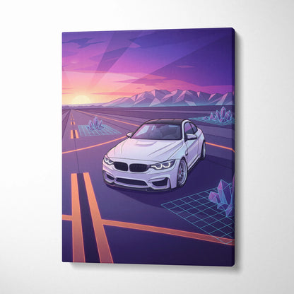 BMW M4 Inspired Neon Sunset Vaporwave Canvas Art - Automotive Art Neon Pink Purple Living Room Vaporwave Wall Art
