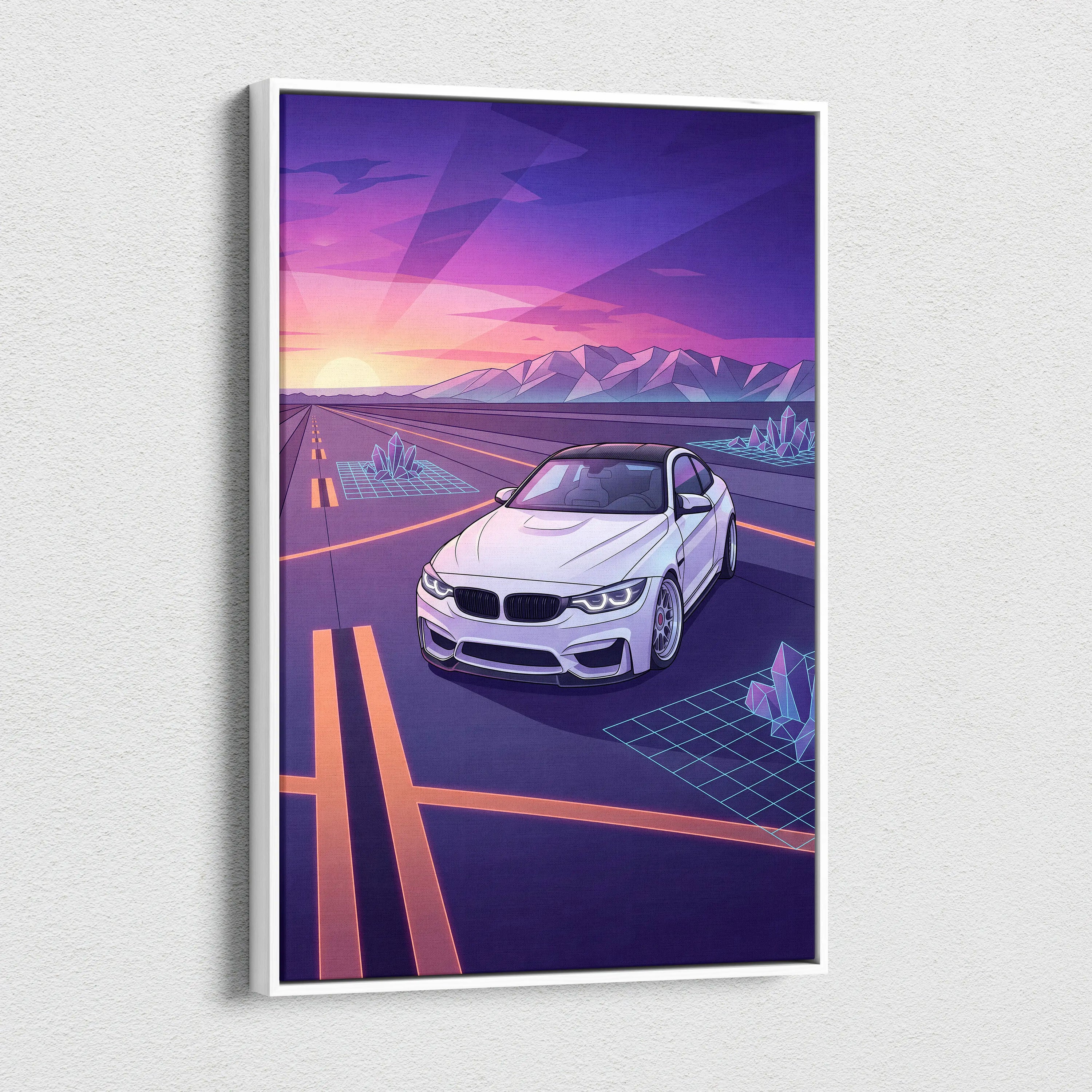 BMW M4 Inspired Neon Sunset Vaporwave Canvas Art - Automotive Art Neon Pink Purple Living Room Vaporwave Wall Art