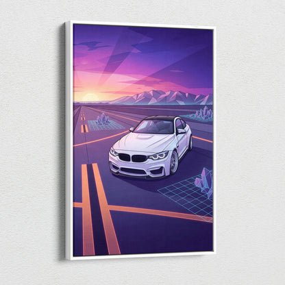 BMW M4 Inspired Neon Sunset Vaporwave Canvas Art - Automotive Art Neon Pink Purple Living Room Vaporwave Wall Art