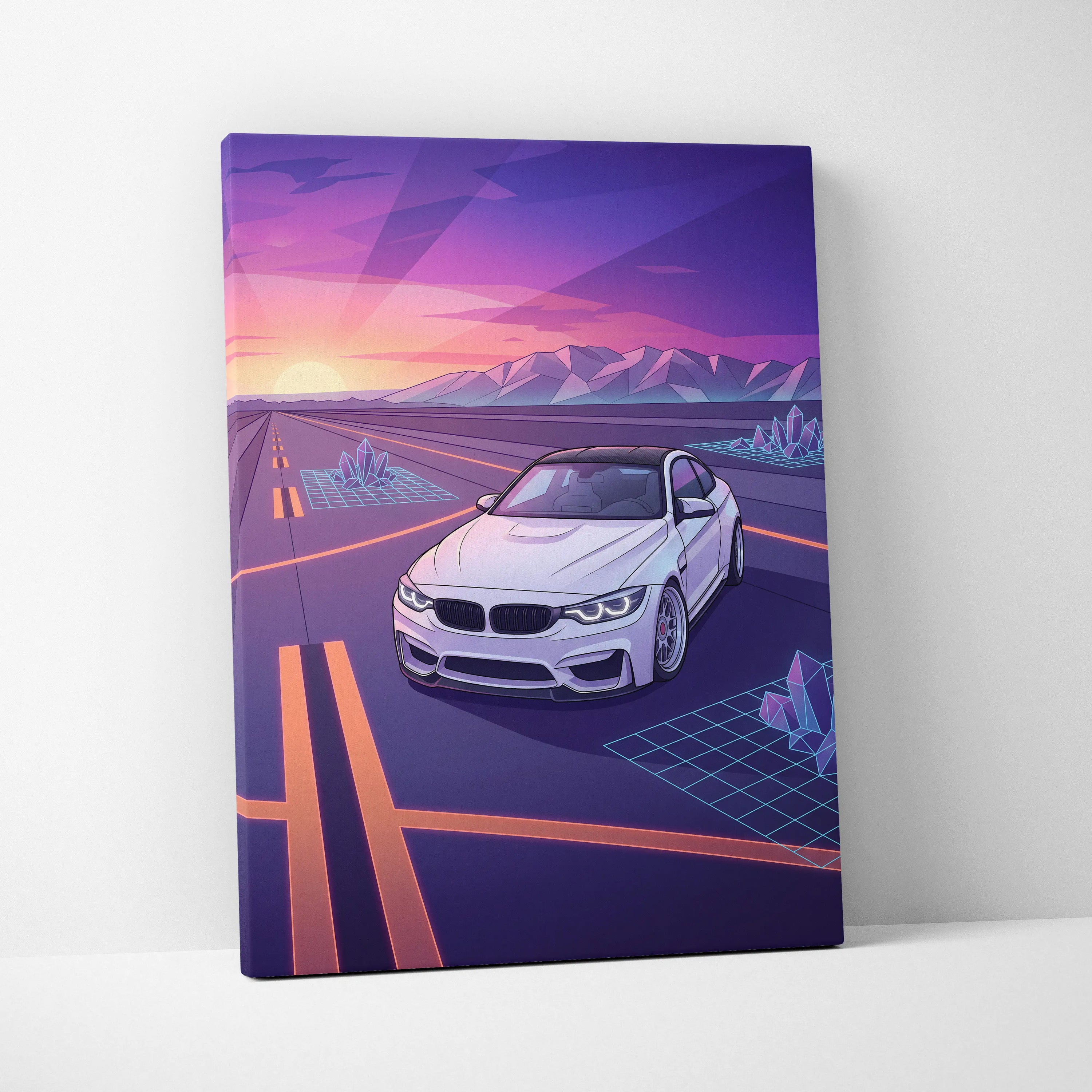 BMW M4 Inspired Neon Sunset Vaporwave Canvas Art - Automotive Art Neon Pink Purple Living Room Vaporwave Wall Art