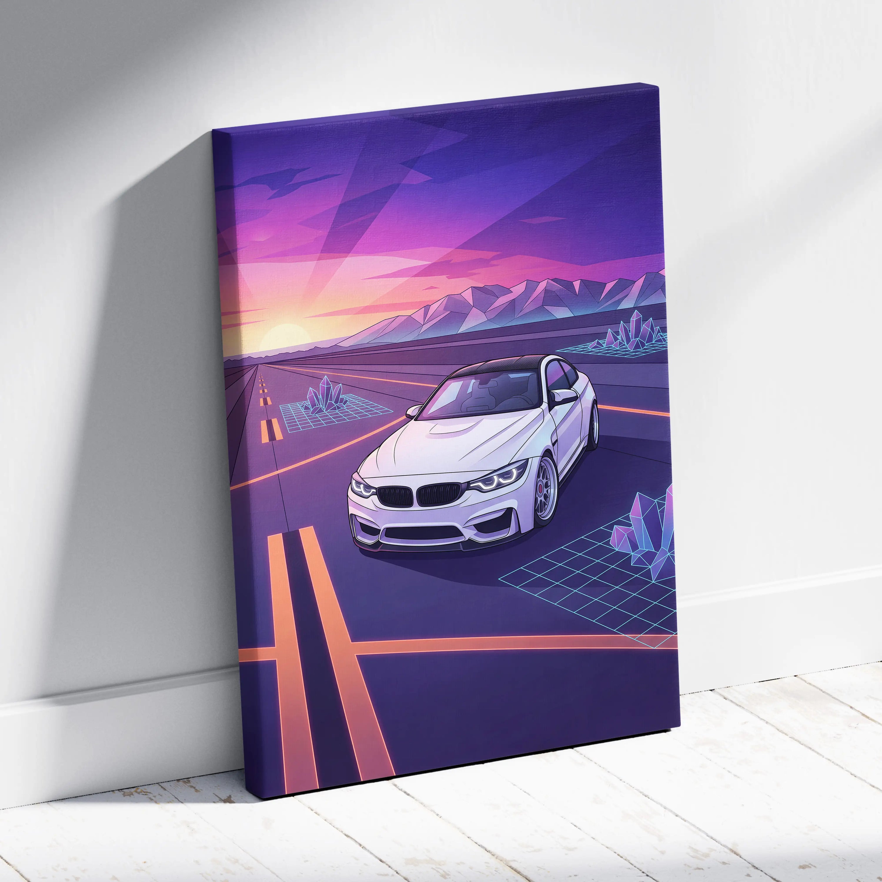 BMW M4 Inspired Neon Sunset Vaporwave Canvas Art - Automotive Art Neon Pink Purple Living Room Vaporwave Wall Art