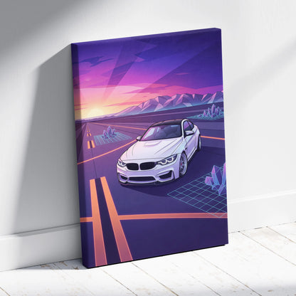 BMW M4 Inspired Neon Sunset Vaporwave Canvas Art - Automotive Art Neon Pink Purple Living Room Vaporwave Wall Art
