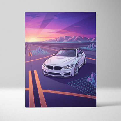 BMW M4 Inspired Neon Sunset Vaporwave Canvas Art - Automotive Art Neon Pink Purple Living Room Vaporwave Wall Art