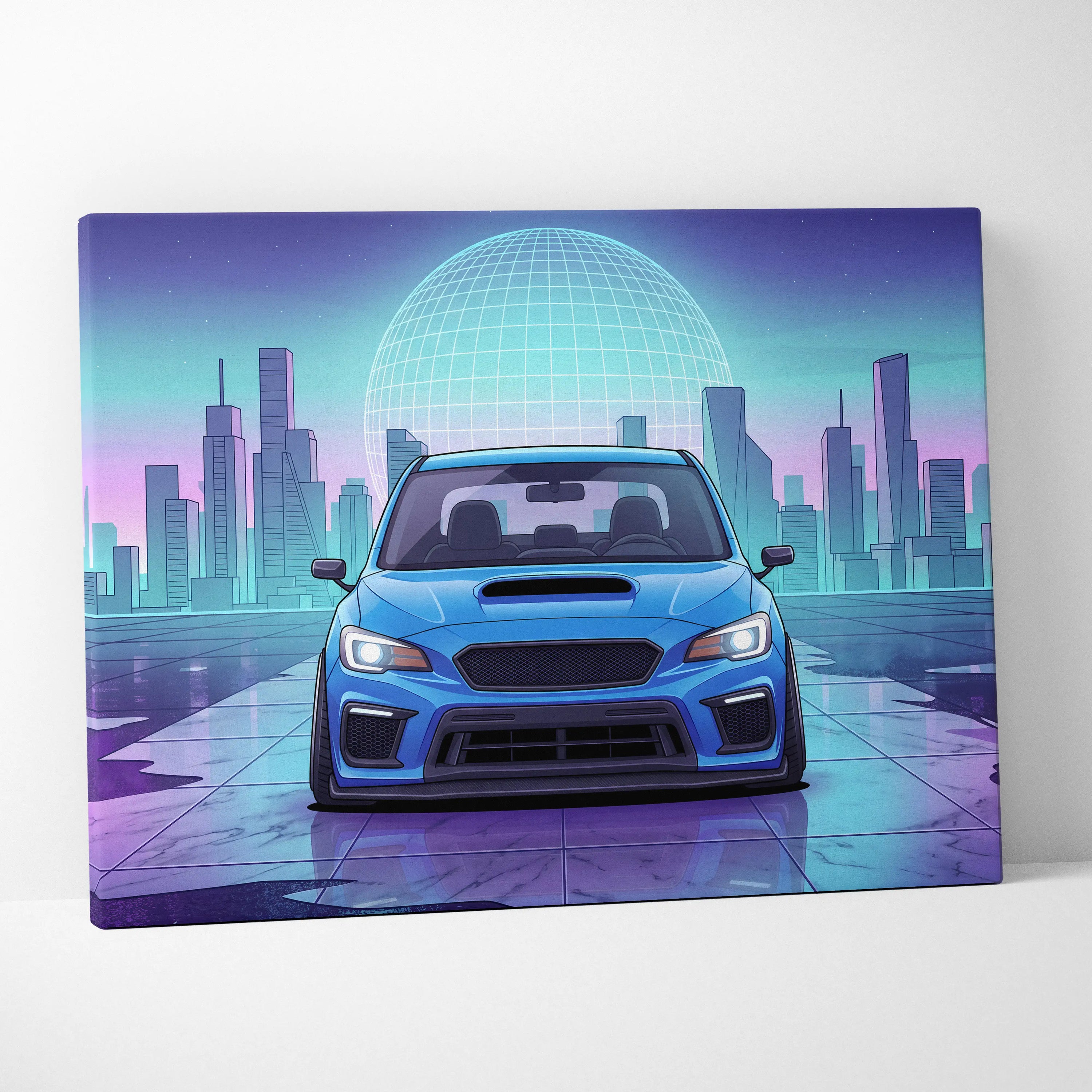 Subaru WRX STI Inspired, Neon City Drive Dream - Neon Purple Teal Car Artwork For Living Room Vaporwave Nostalgic Canvas