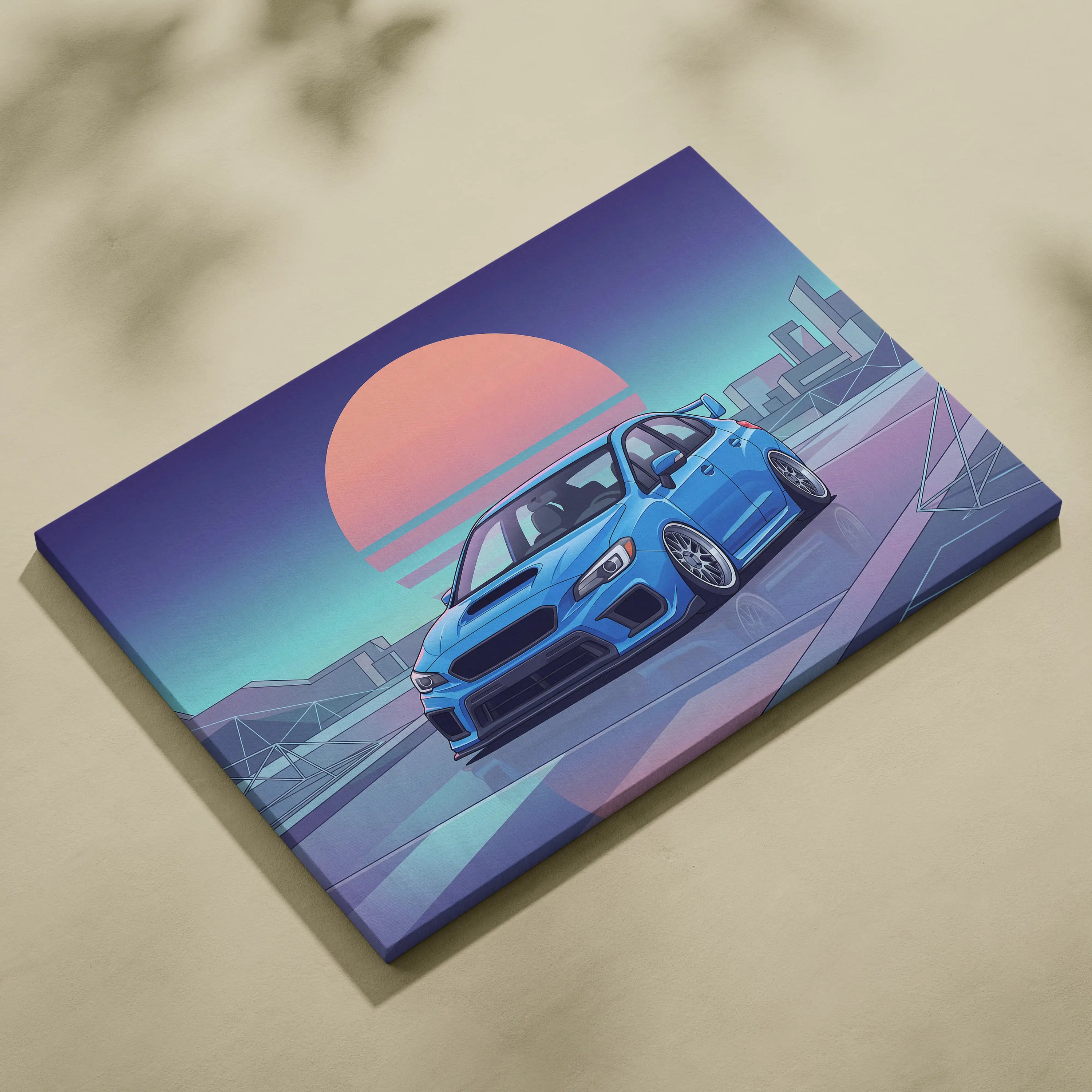 Subaru WRX STI Inspired Neon Vaporwave City Canvas - Car Artwork Neon Pink Cyan Purple, Living Room Decor, Retro Futurism