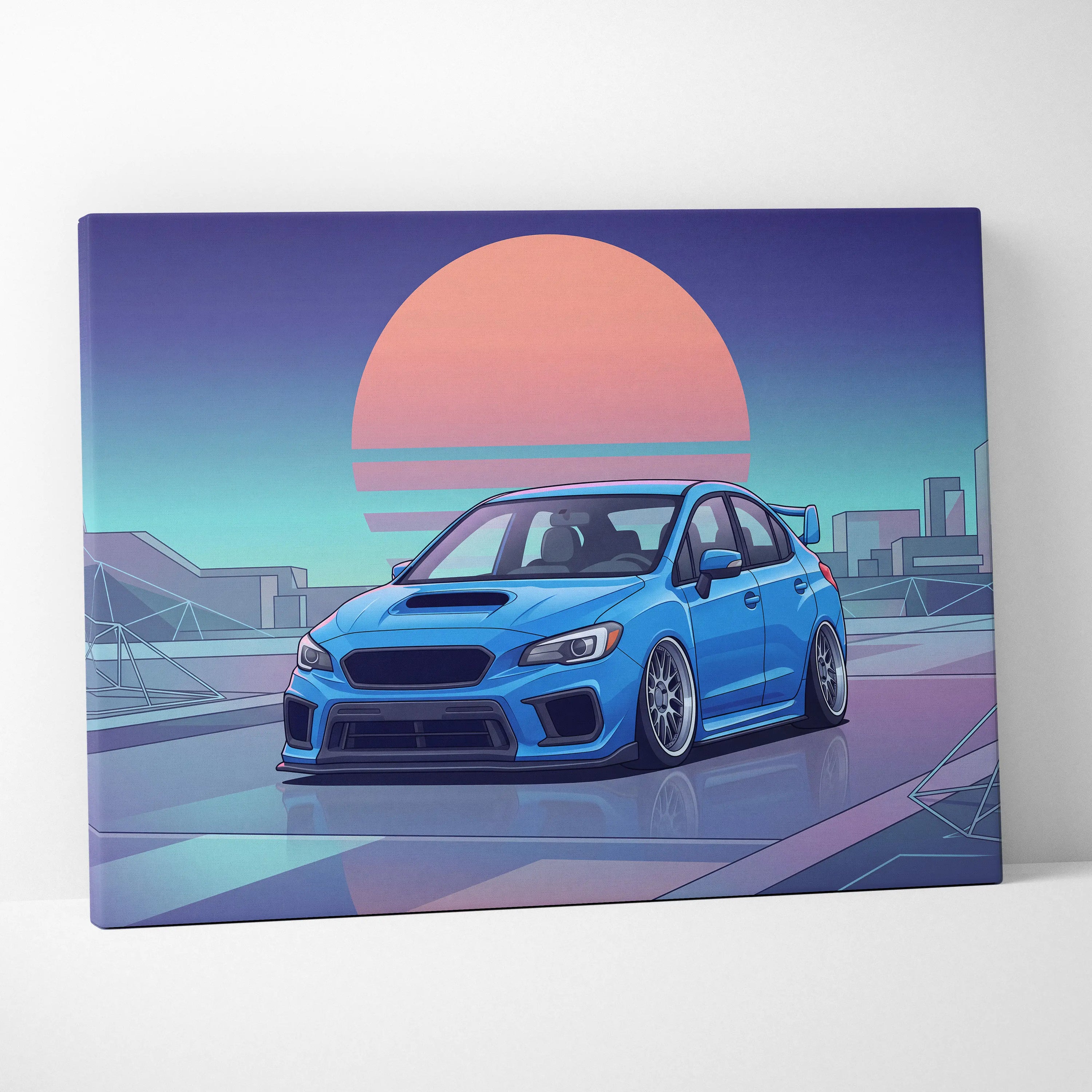 Subaru WRX STI Inspired Neon Vaporwave City Canvas - Car Artwork Neon Pink Cyan Purple, Living Room Decor, Retro Futurism