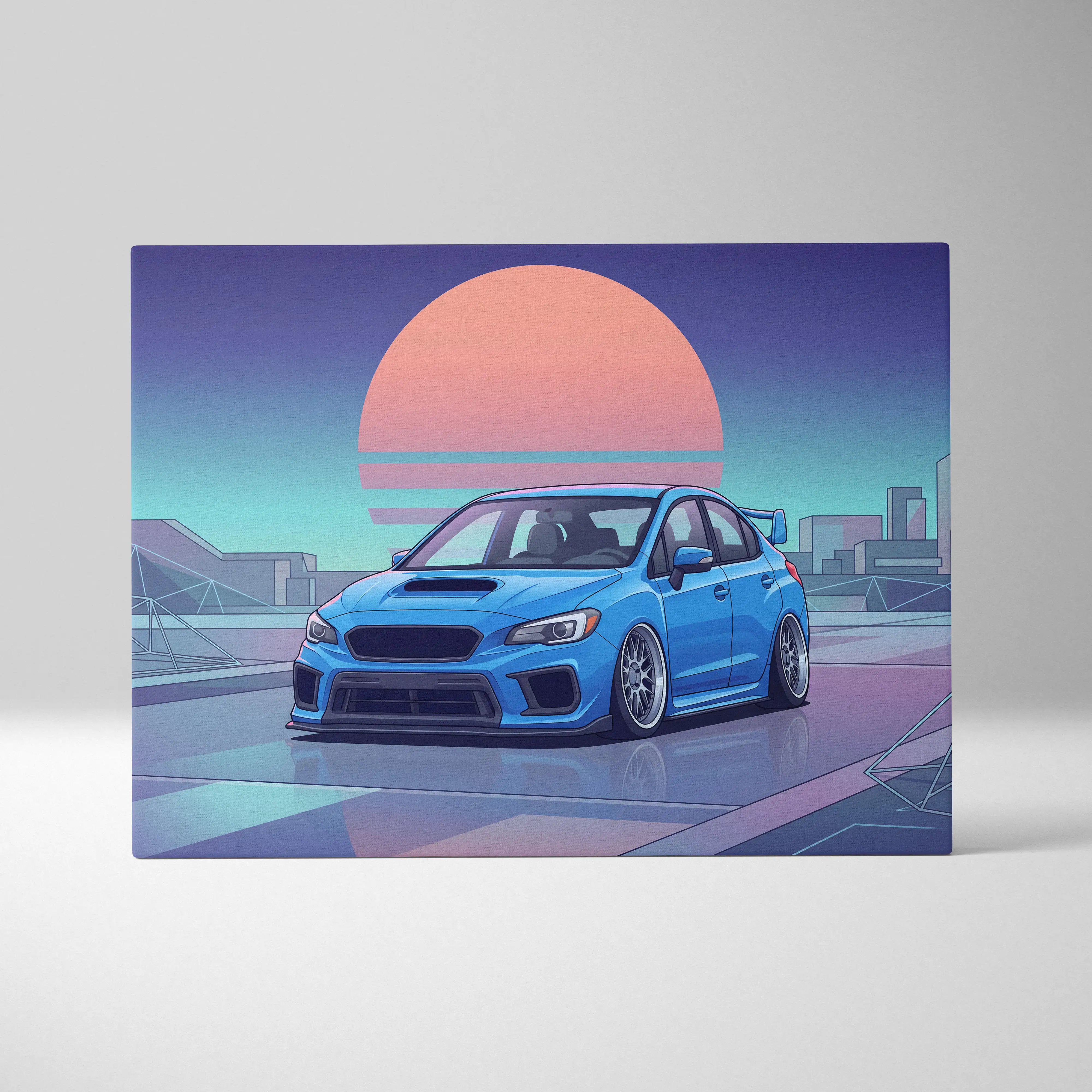 Vibrant blue subaru wrx sti neon vaporwave city canvas featuring retro futuristic car artwork in pink cyan and purple
