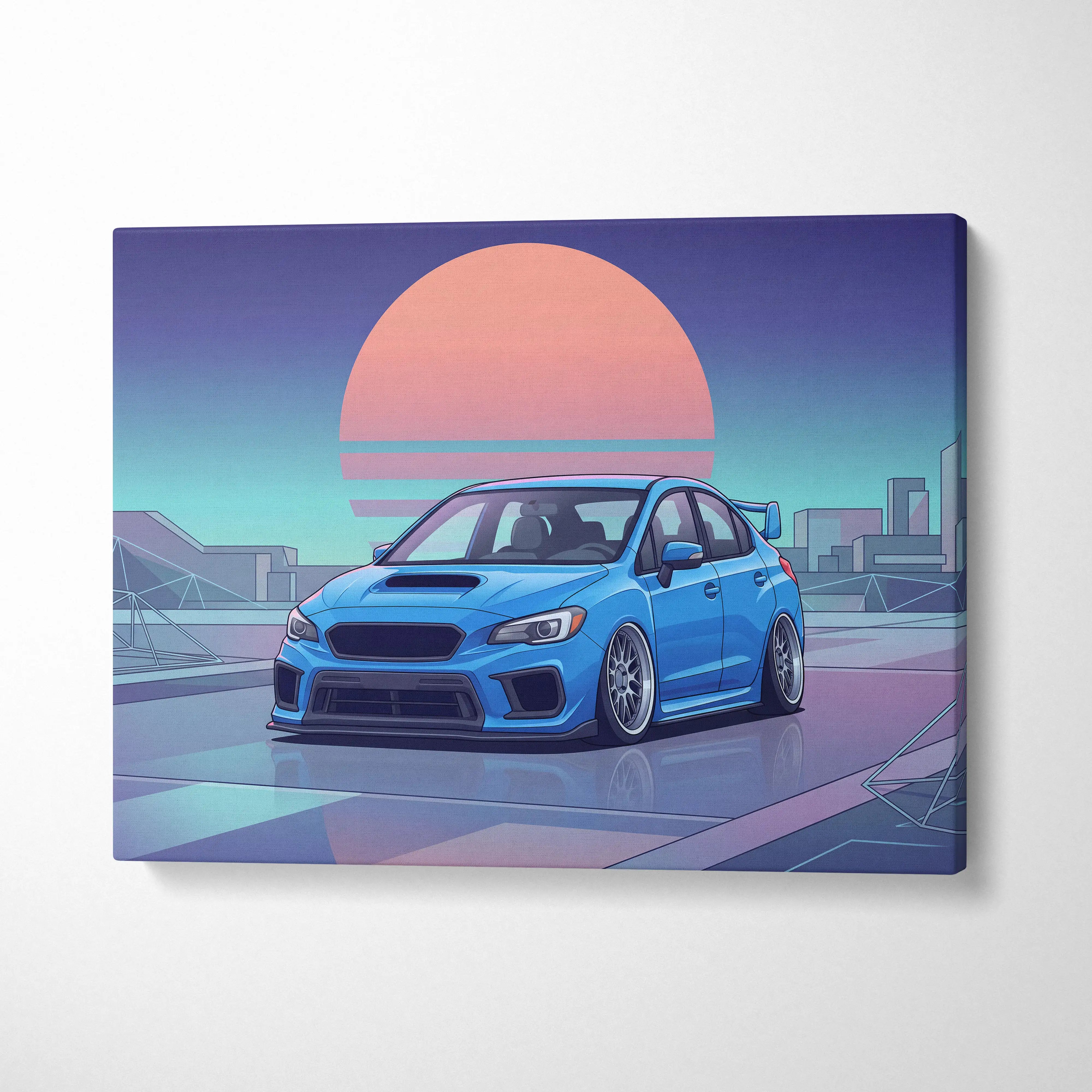 Blue subaru wrx sti sedan in neon pink cyan purple vaporwave city canvas artwork for living room decor