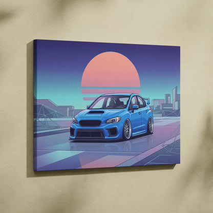 Subaru WRX STI Inspired Neon Vaporwave City Canvas - Car Artwork Neon Pink Cyan Purple, Living Room Decor, Retro Futurism