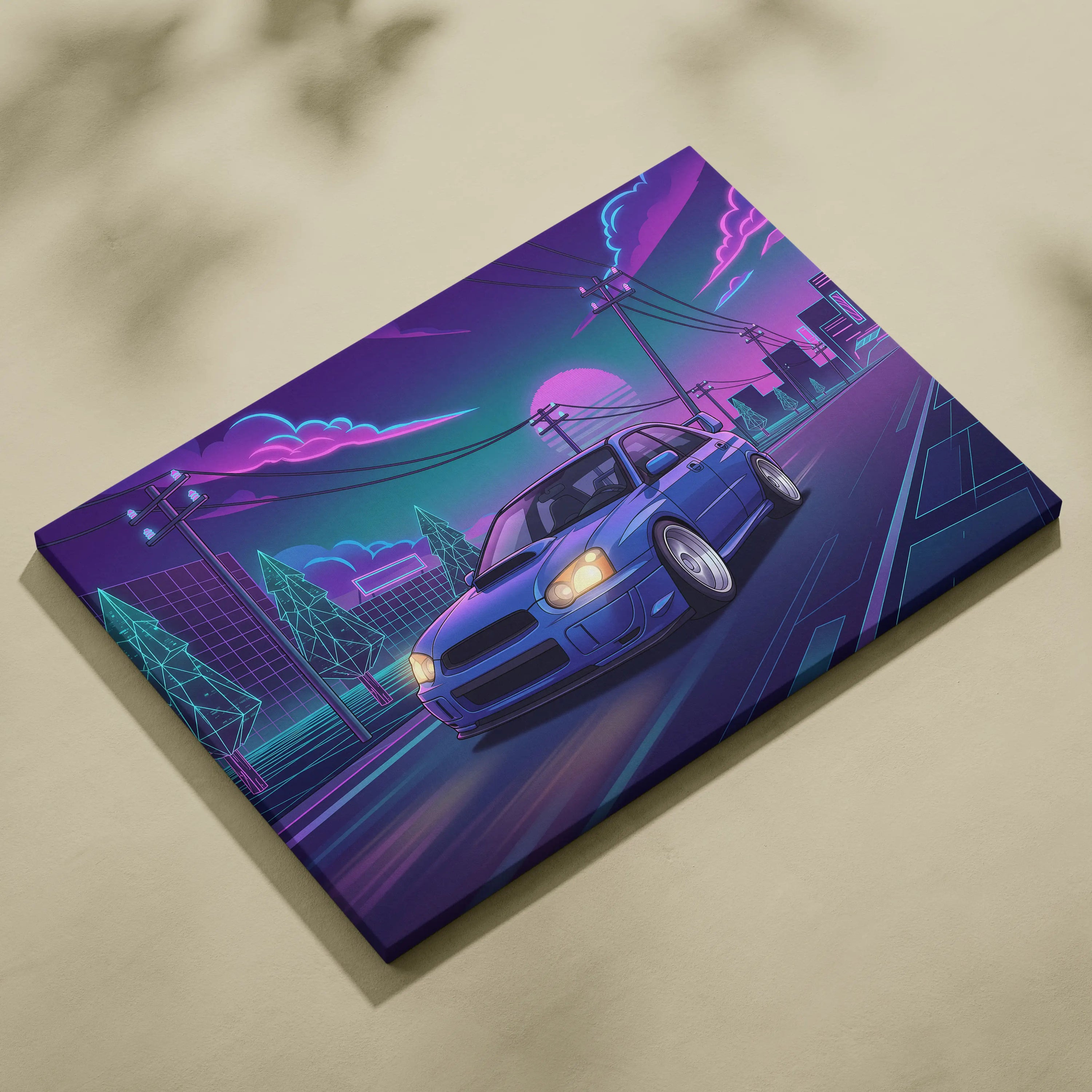 Subaru WRX STI Inspired Neon Vaporwave Car Canvas - Vaporwave Neon Pink Purple Blue Living Room Decor Retro-Futurism