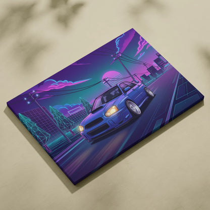 Subaru WRX STI Inspired Neon Vaporwave Car Canvas - Vaporwave Neon Pink Purple Blue Living Room Decor Retro-Futurism
