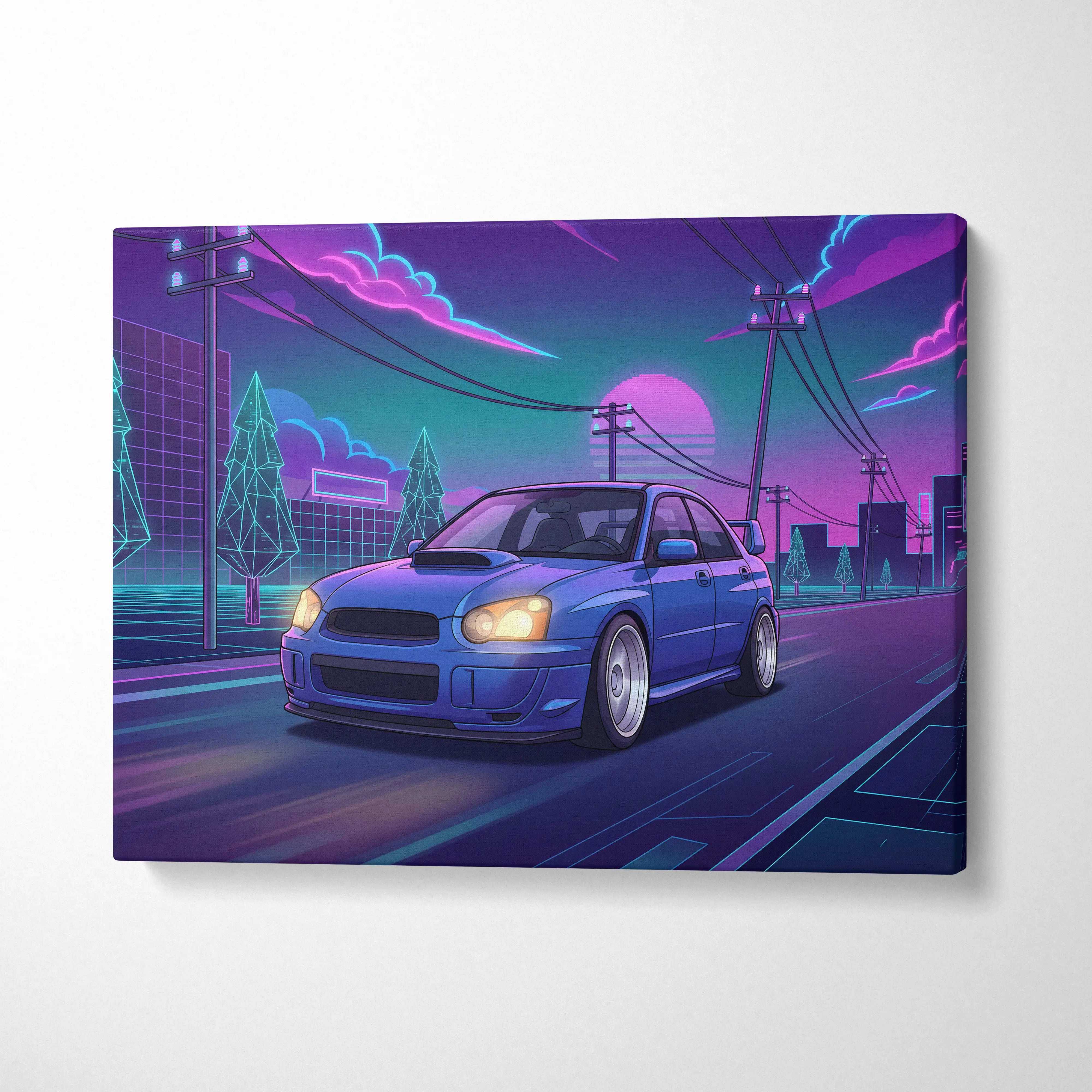 A vibrant neon-blue subaru wrx sti sedan in a retro-futuristic cityscape with purple and pink glowing skies canvas decor