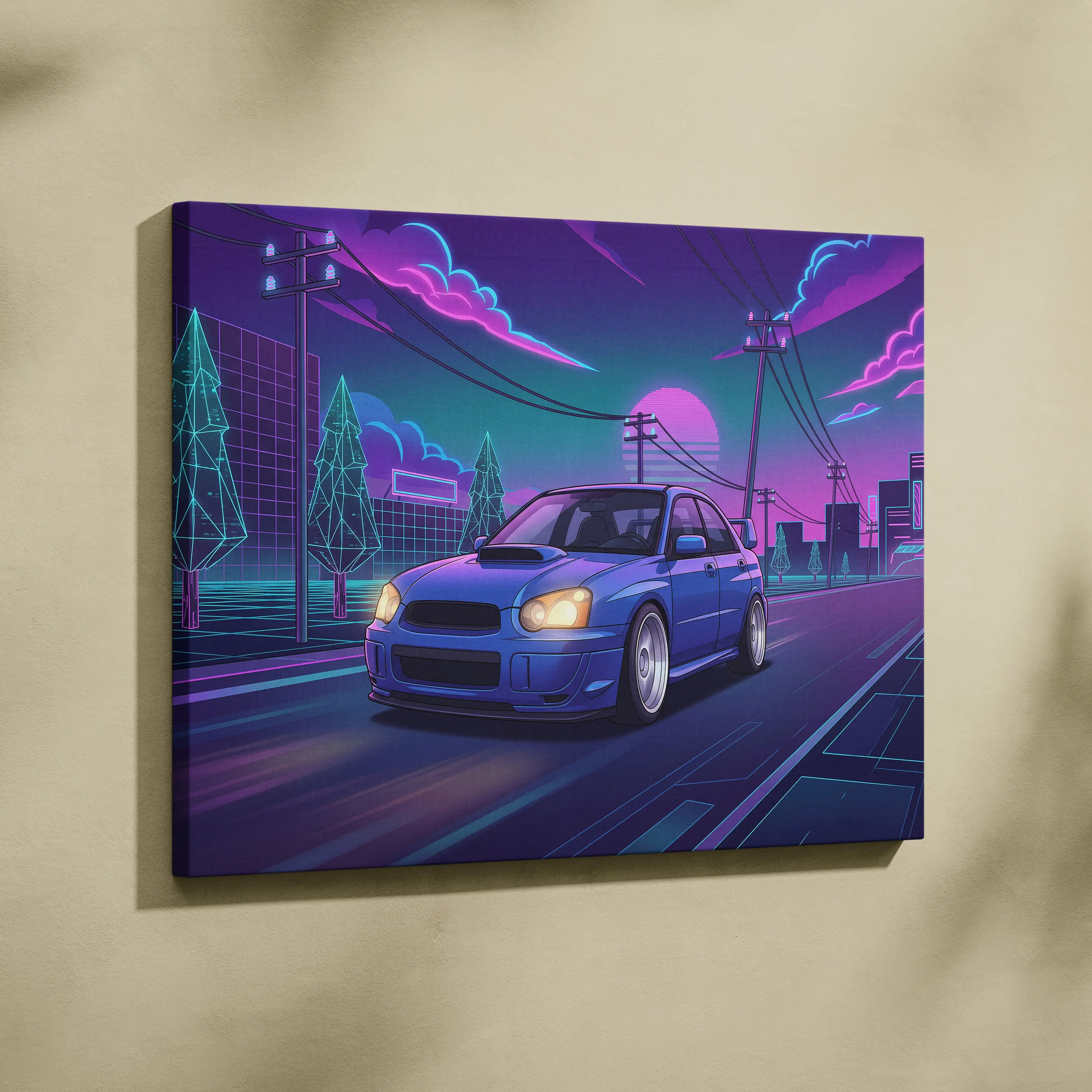 Subaru WRX STI Inspired Neon Vaporwave Car Canvas - Vaporwave Neon Pink Purple Blue Living Room Decor Retro-Futurism