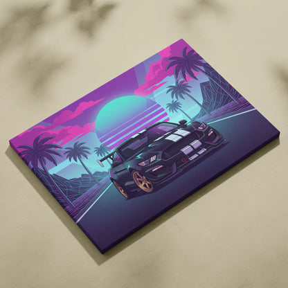 Ford Mustang GT350 Inspired Neon Palm Mirage Sunset - Vaporwave Car Art Neon Pink Teal Retro-Futuristic Nostalgic Canvas