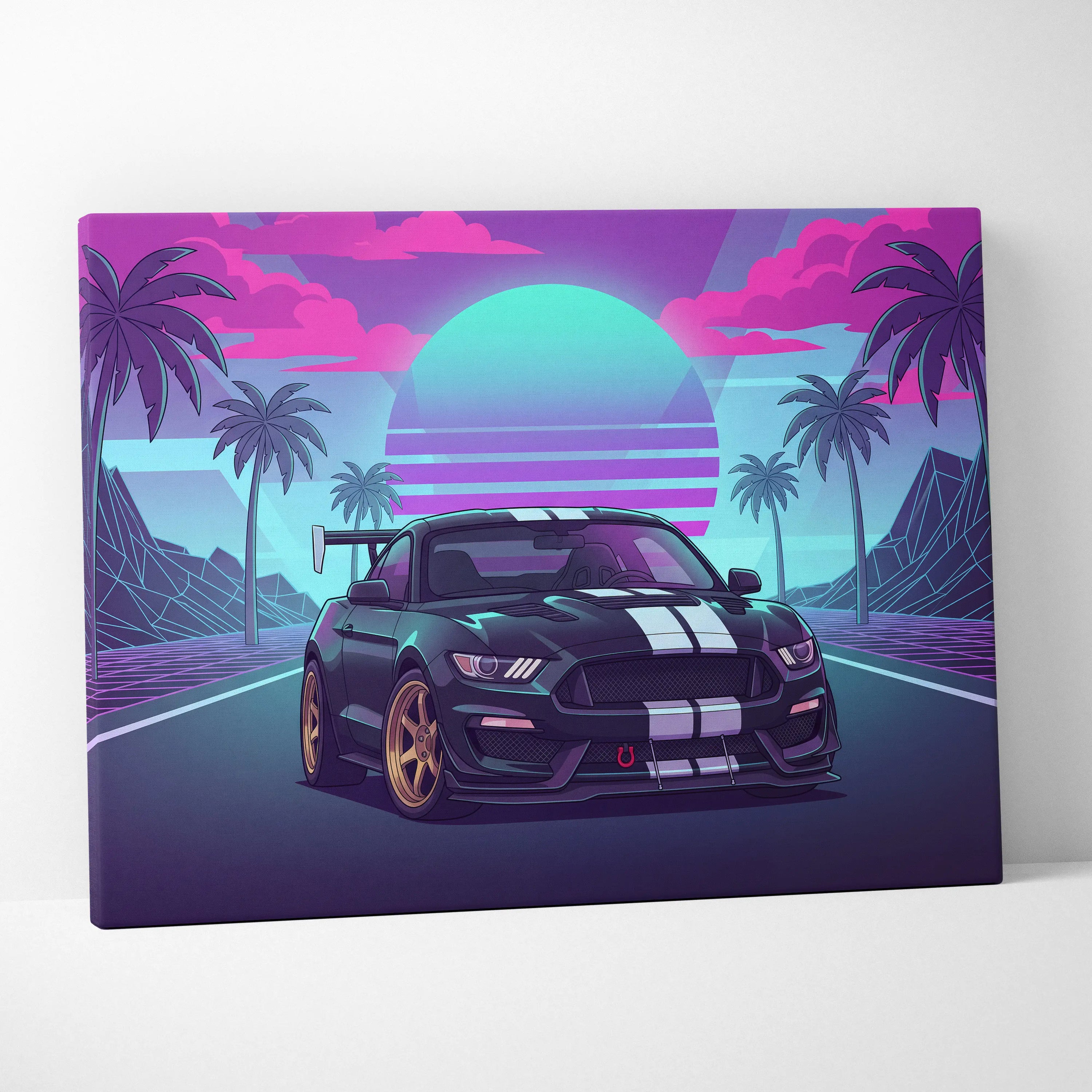 Ford Mustang GT350 Inspired Neon Palm Mirage Sunset - Vaporwave Car Art Neon Pink Teal Retro-Futuristic Nostalgic Canvas