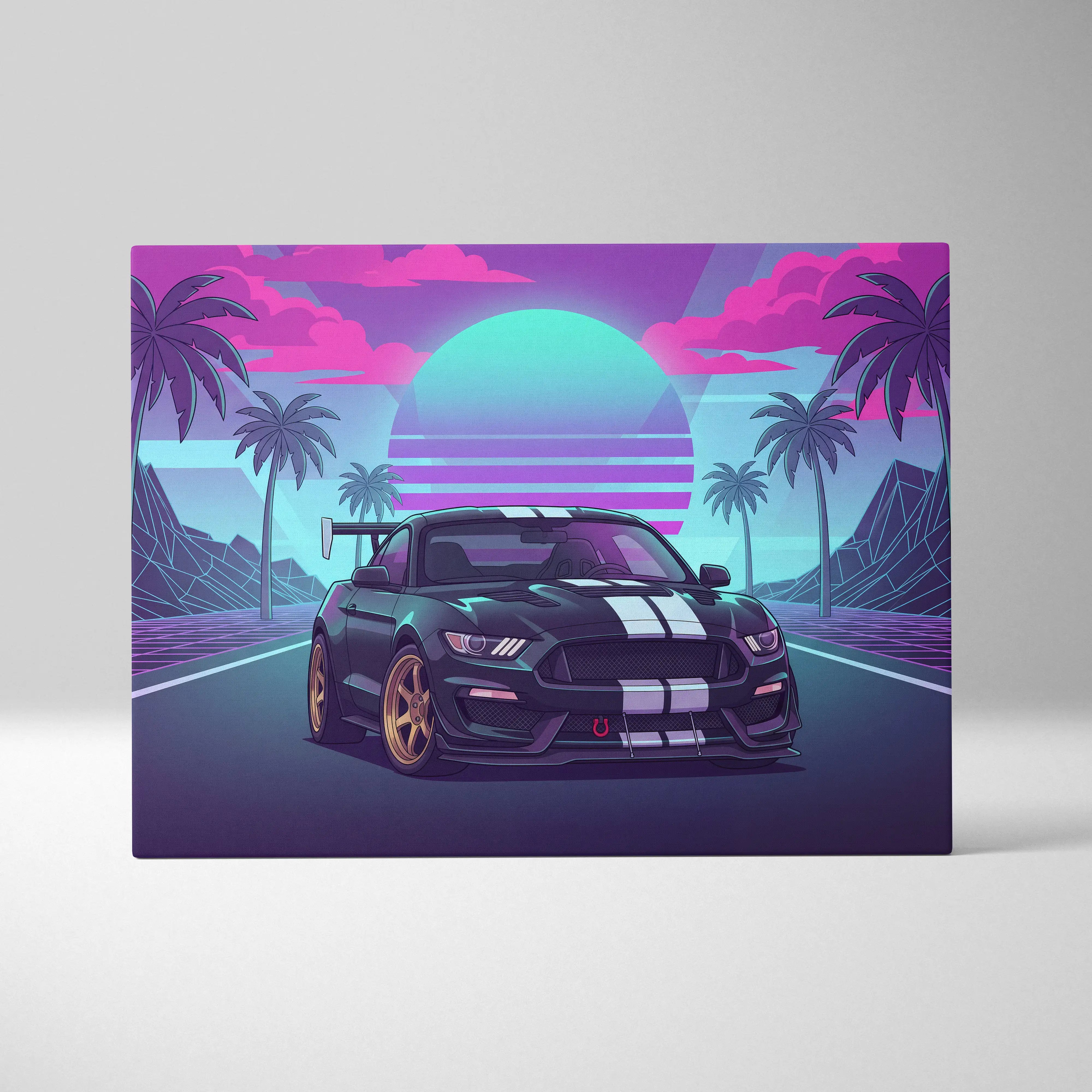 Black ford mustang gt350 with white racing stripes and gold rims in a neon palm mirage sunset vaporwave art canvas