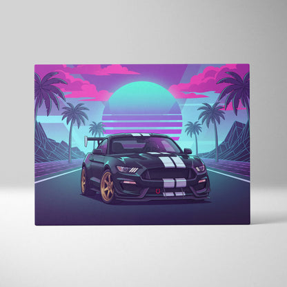 Ford Mustang GT350 Inspired Neon Palm Mirage Sunset - Vaporwave Car Art Neon Pink Teal Retro-Futuristic Nostalgic Canvas
