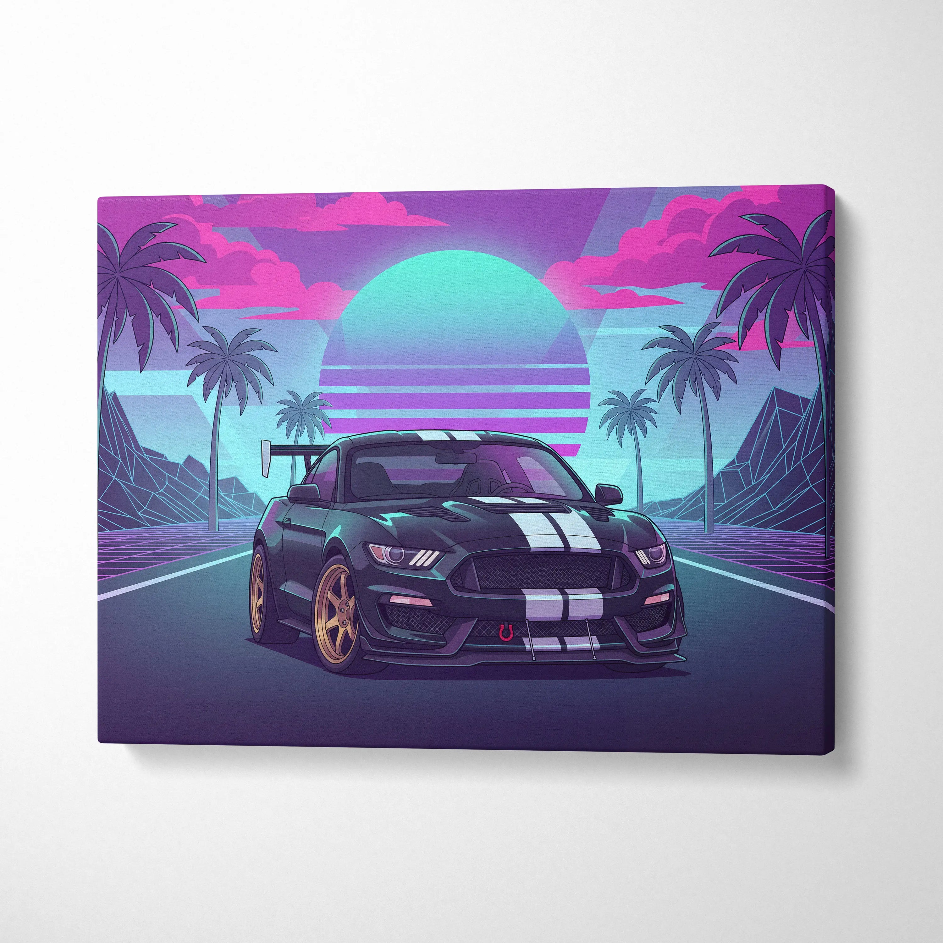 Ford Mustang GT350 Inspired Neon Palm Mirage Sunset - Vaporwave Car Art Neon Pink Teal Retro-Futuristic Nostalgic Canvas