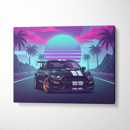 Ford Mustang GT350 Inspired Neon Palm Mirage Sunset - Vaporwave Car Art Neon Pink Teal Retro-Futuristic Nostalgic Canvas