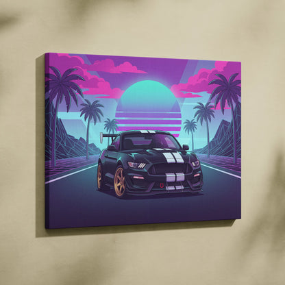 Ford Mustang GT350 Inspired Neon Palm Mirage Sunset - Vaporwave Car Art Neon Pink Teal Retro-Futuristic Nostalgic Canvas