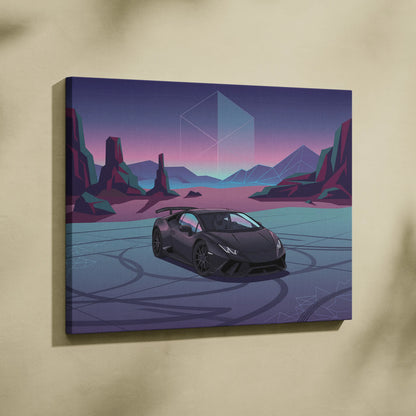 Lamborghini Huracan Inspired Neon Vaporwave Horizon Ride - Sports Car Neon Purple Living Room Vaporwave Retro Canvas