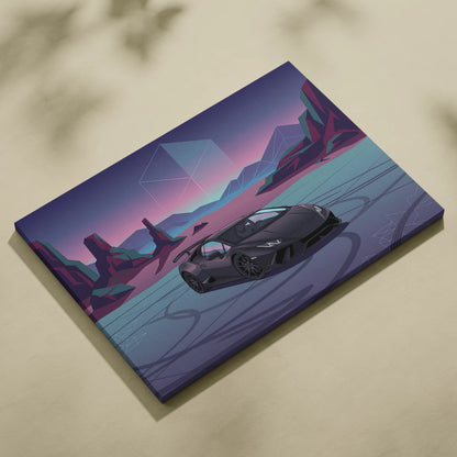 Lamborghini Huracan Inspired Neon Vaporwave Horizon Ride - Sports Car Neon Purple Living Room Vaporwave Retro Canvas