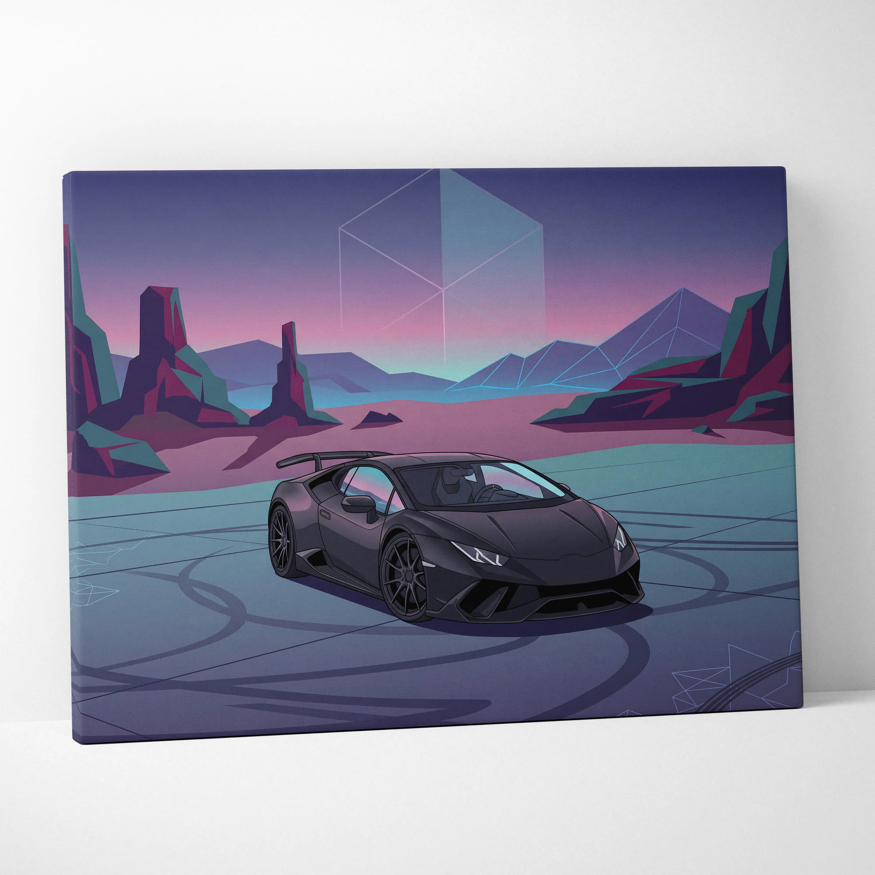 Lamborghini Huracan Inspired Neon Vaporwave Horizon Ride - Sports Car Neon Purple Living Room Vaporwave Retro Canvas