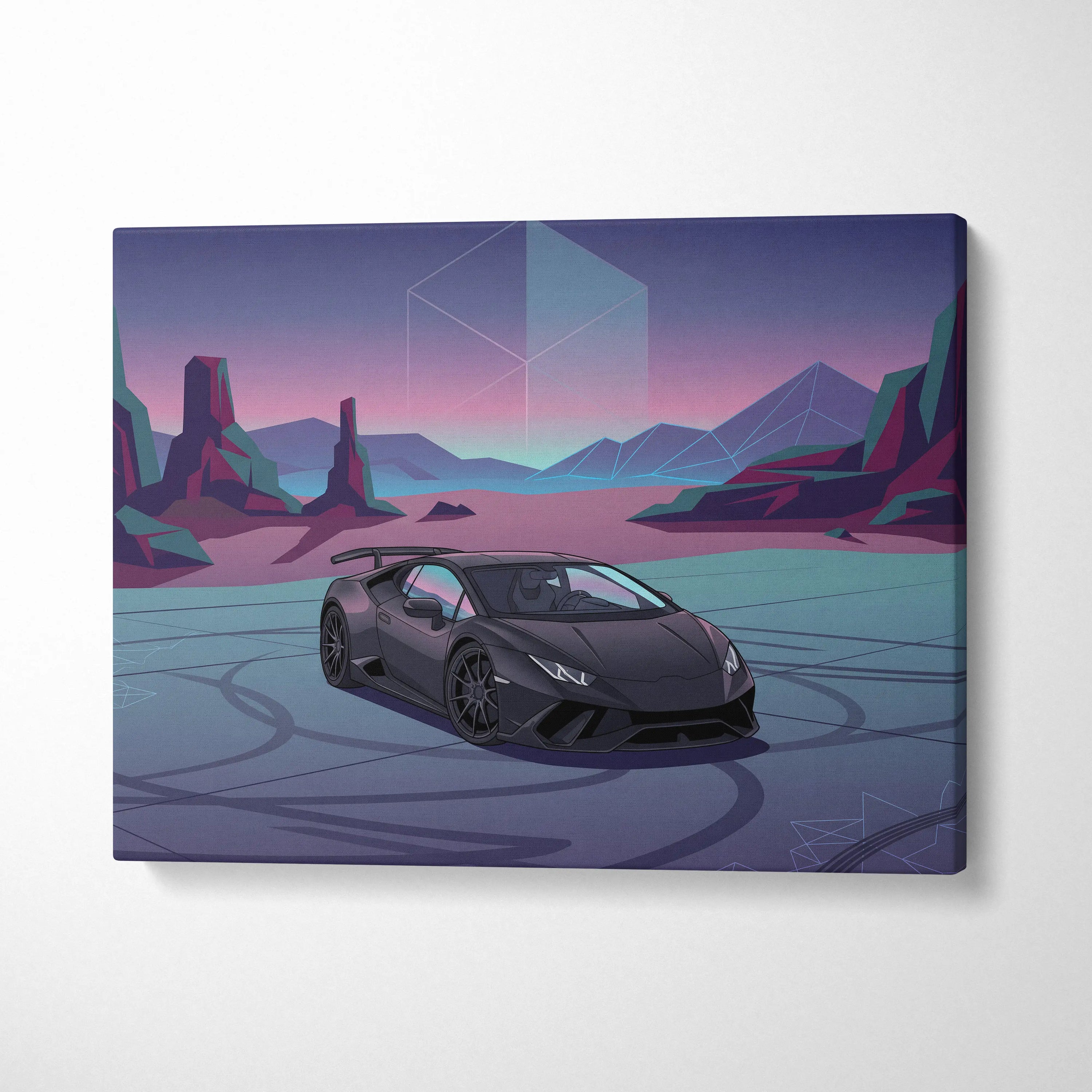 Lamborghini Huracan Inspired Neon Vaporwave Horizon Ride - Sports Car Neon Purple Living Room Vaporwave Retro Canvas