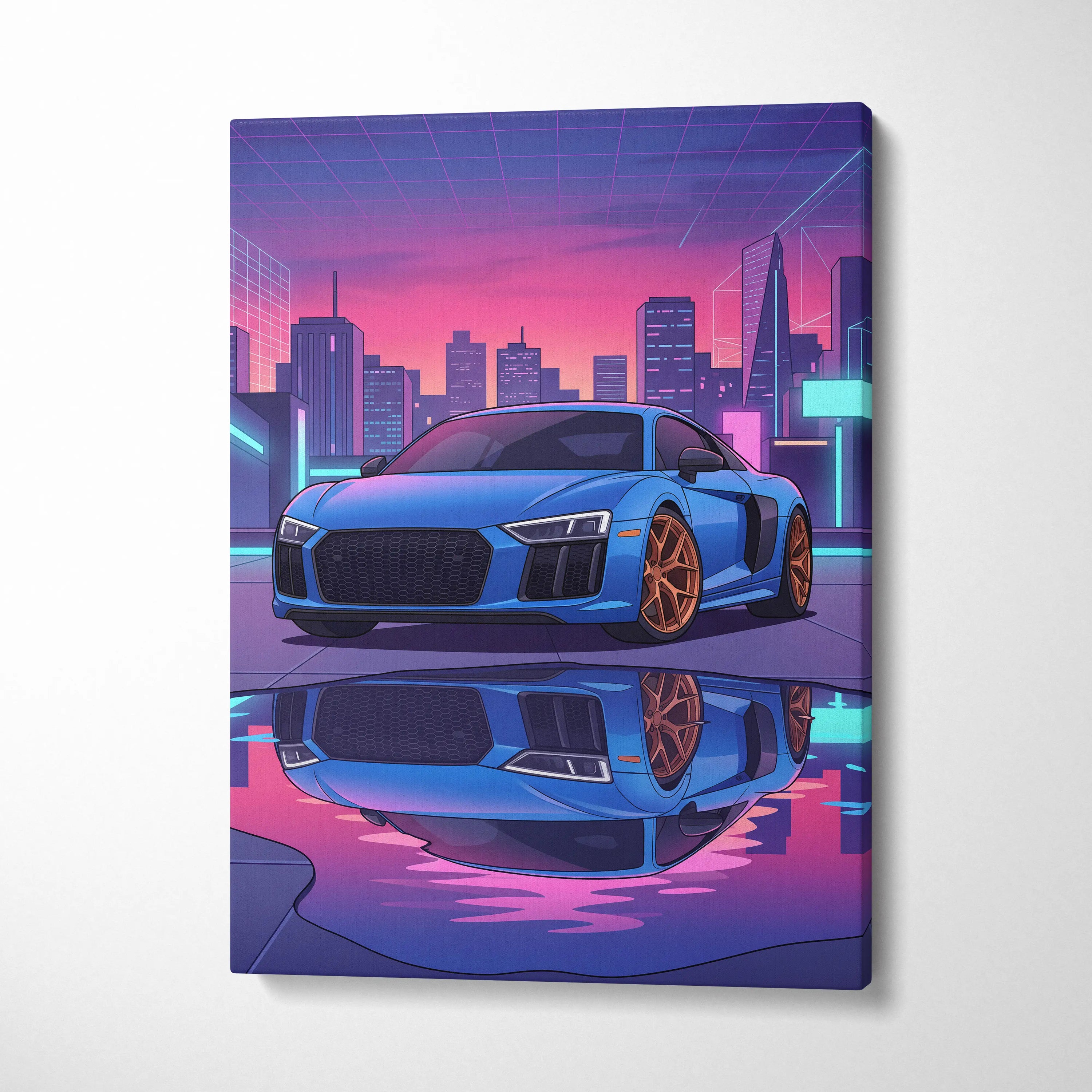 Audi R8 Inspired Neon Vapor City Car Art - Car Art Blue Pink Purple Living Room Decor Vaporwave