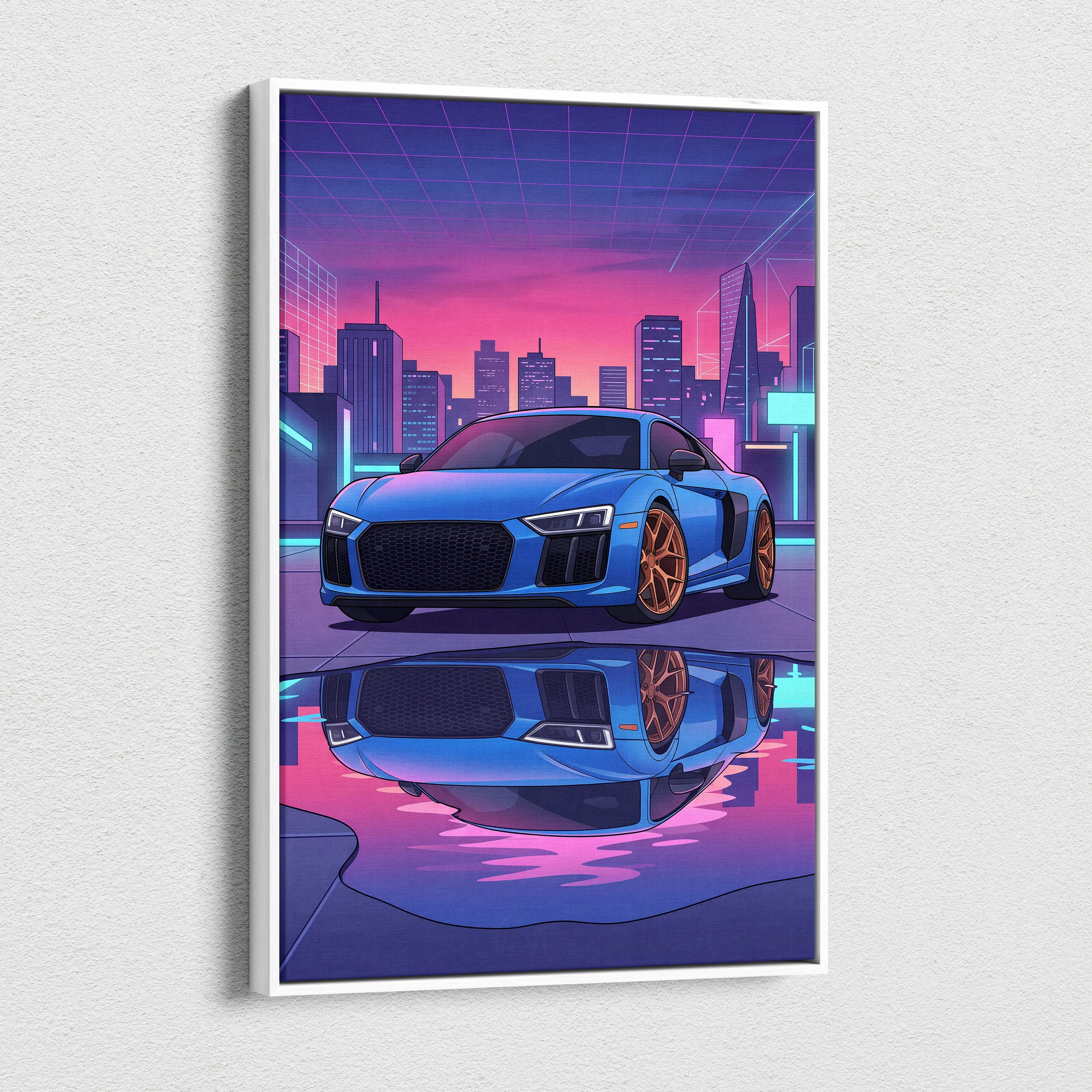Audi R8 Inspired Neon Vapor City Car Art - Car Art Blue Pink Purple Living Room Decor Vaporwave